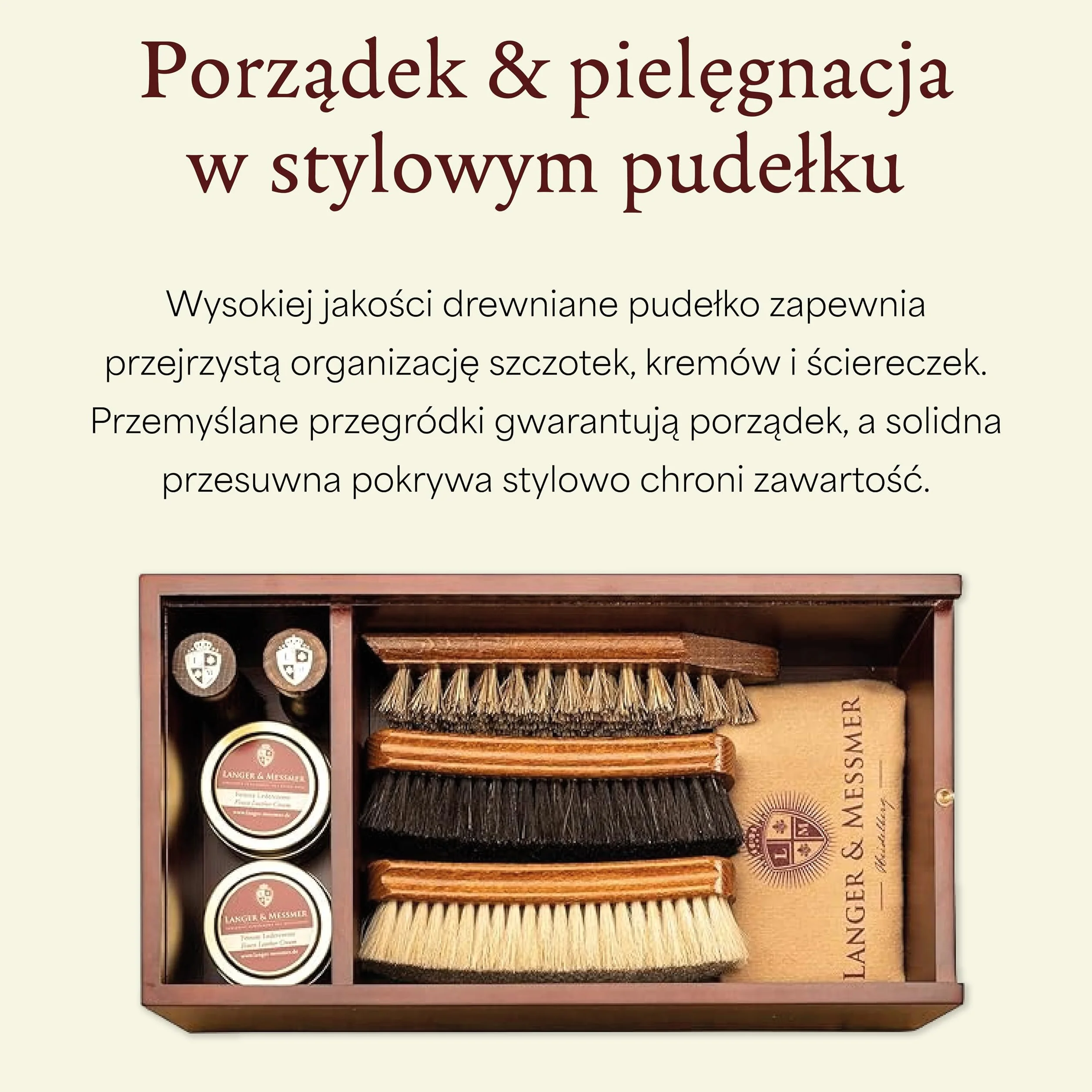 Langer & Messmer – skrzynka na czyszczenie butów Mannheim z drewna z 2 przegródkami – dostępna bez zawartości lub z wieloczęściowym zestawem do pielęgnacji – pudełko do czyszczenia butów do