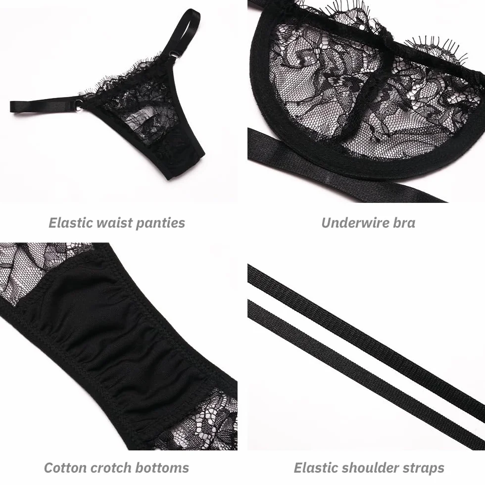 VicSec Seksowny komplet bielizny damski seksowny koronkowy biustonosz stringi zestaw halloweenowy biustonosz i stringi koronkowa bielizna nocna, S-XL, czarny, M