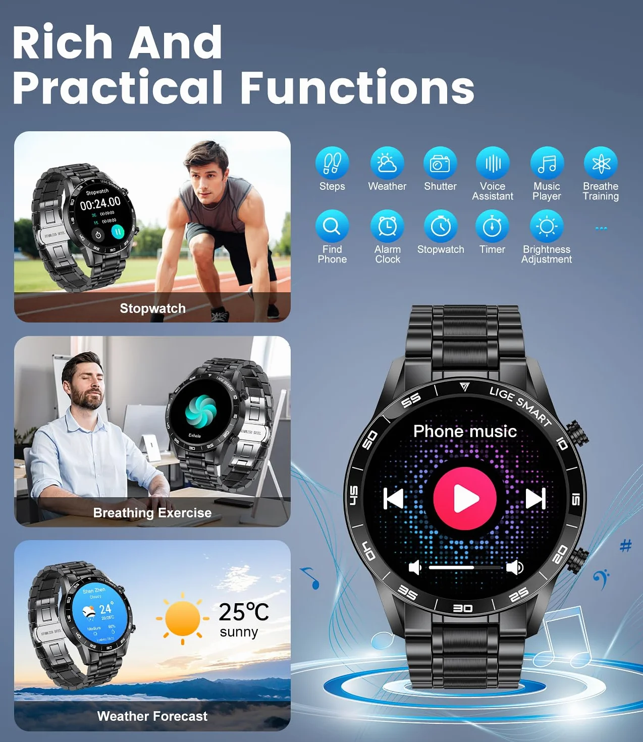 LIGE Smartwatch męski z funkcją telefonu i funkcją wspomagania głosu, wyświetlacz AMOLED 1,43", 109 trybów sportowych, zegarek fitness do systemu Android iOS, czarny