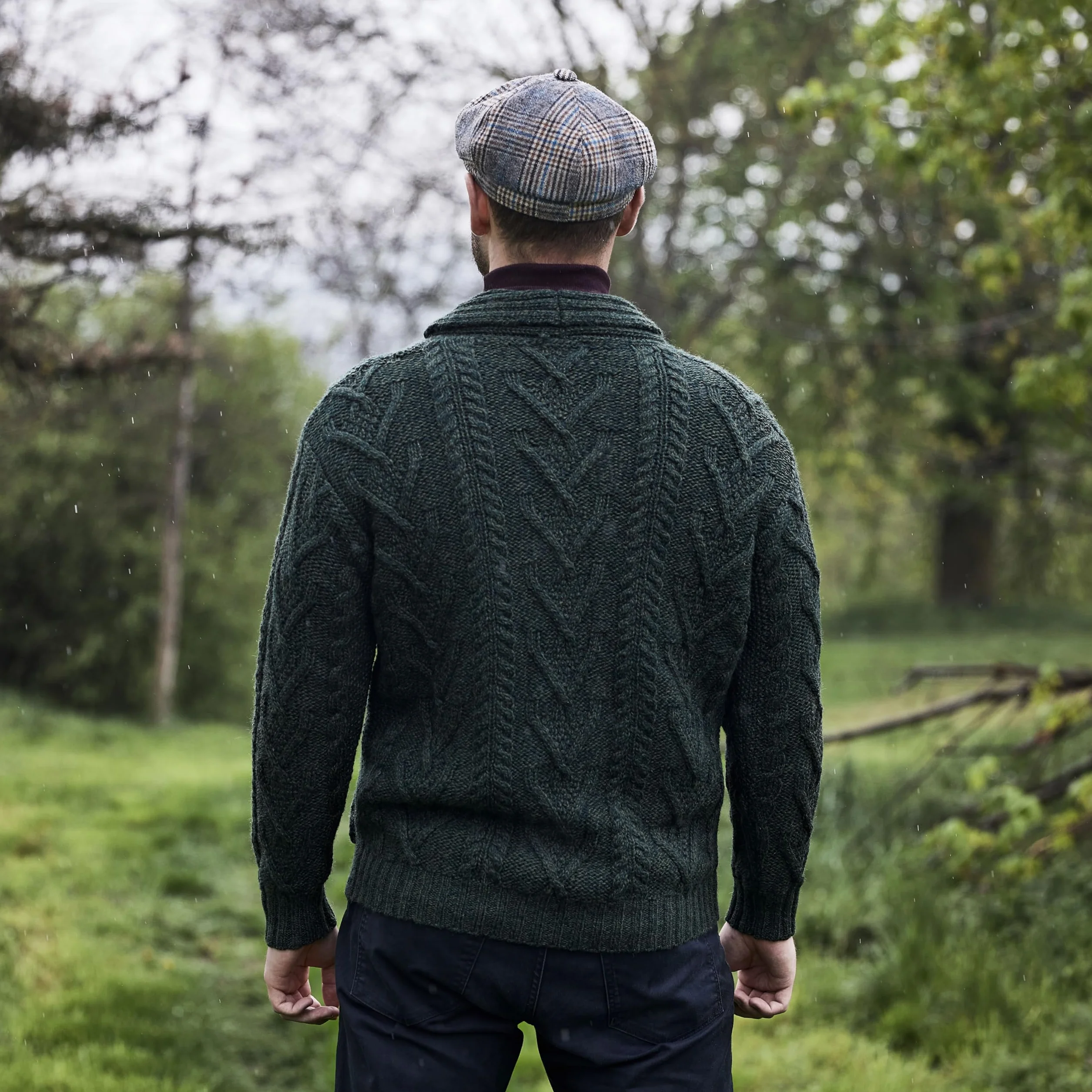SAOL 100% wełna merino męski Aran Cable Knit szal kołnierz casual irlandzki kardigan z guzikami i kieszeniami