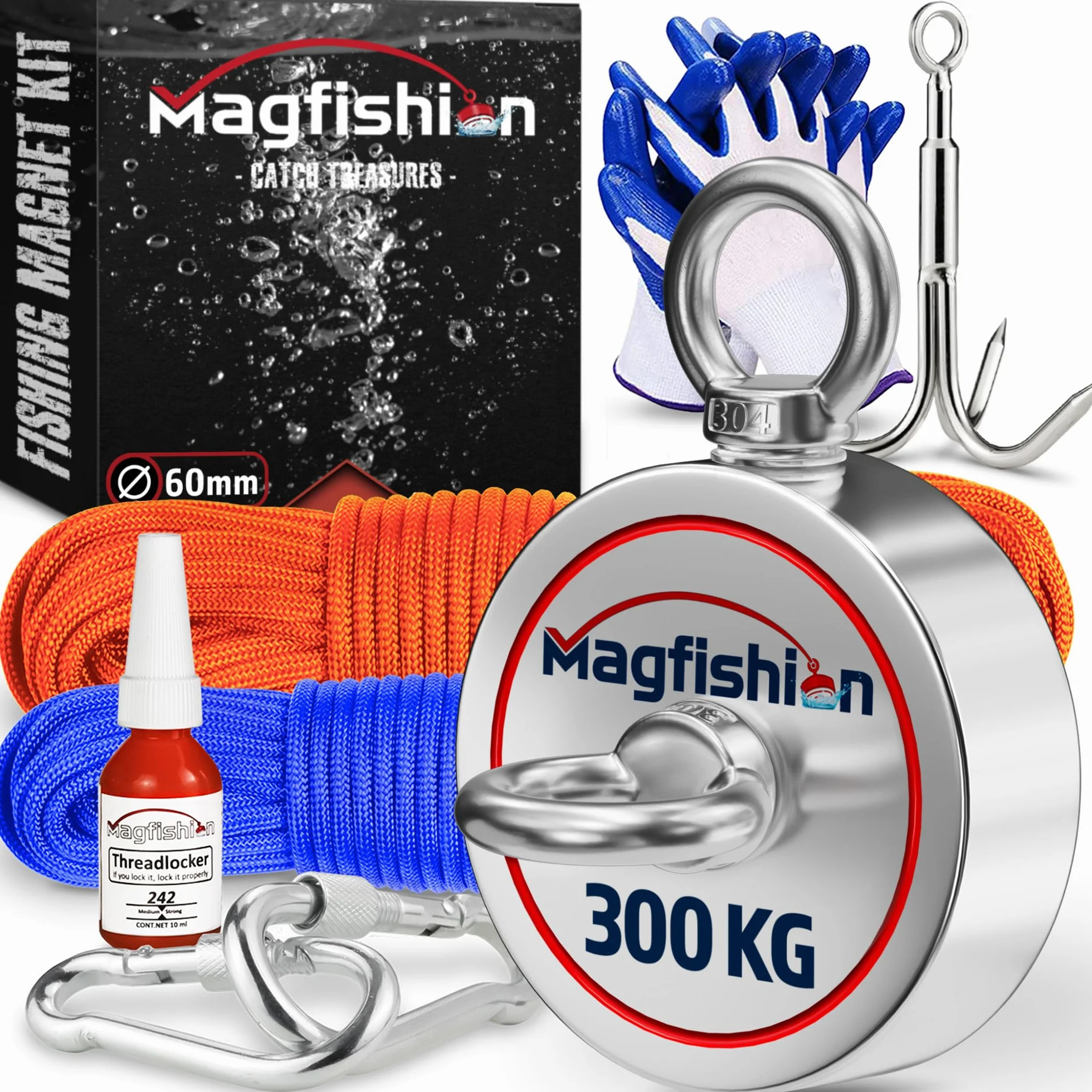 MAGFISHION Dwustronny Zestaw do Magnetycznego Wędkarstwa - Siła Przyciągania 300KG (2x 150kg) - Ø60mm - Magnes Neodymowy z 2 Linami, Hak Grabiący & Rękawice - Magnes Ryba