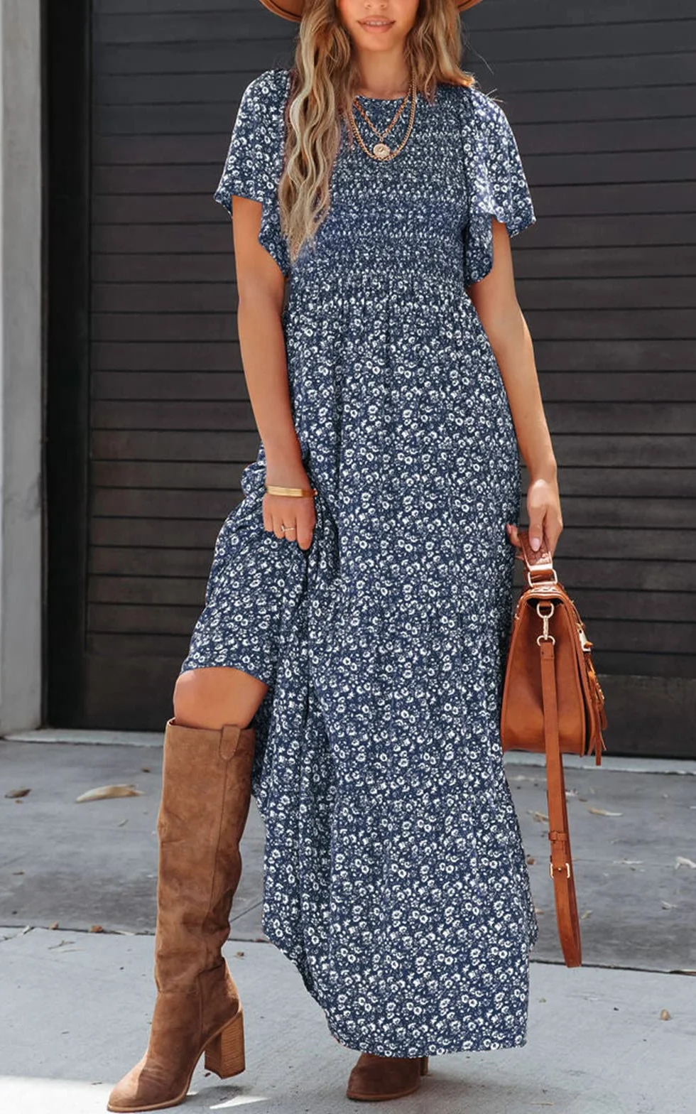 PRETTYGARDEN Women's Floral Maxi Dress Round Neck Short Flutter Sleeve Smocked Ruffle Flowy Tiered Boho Dress Navy Medium