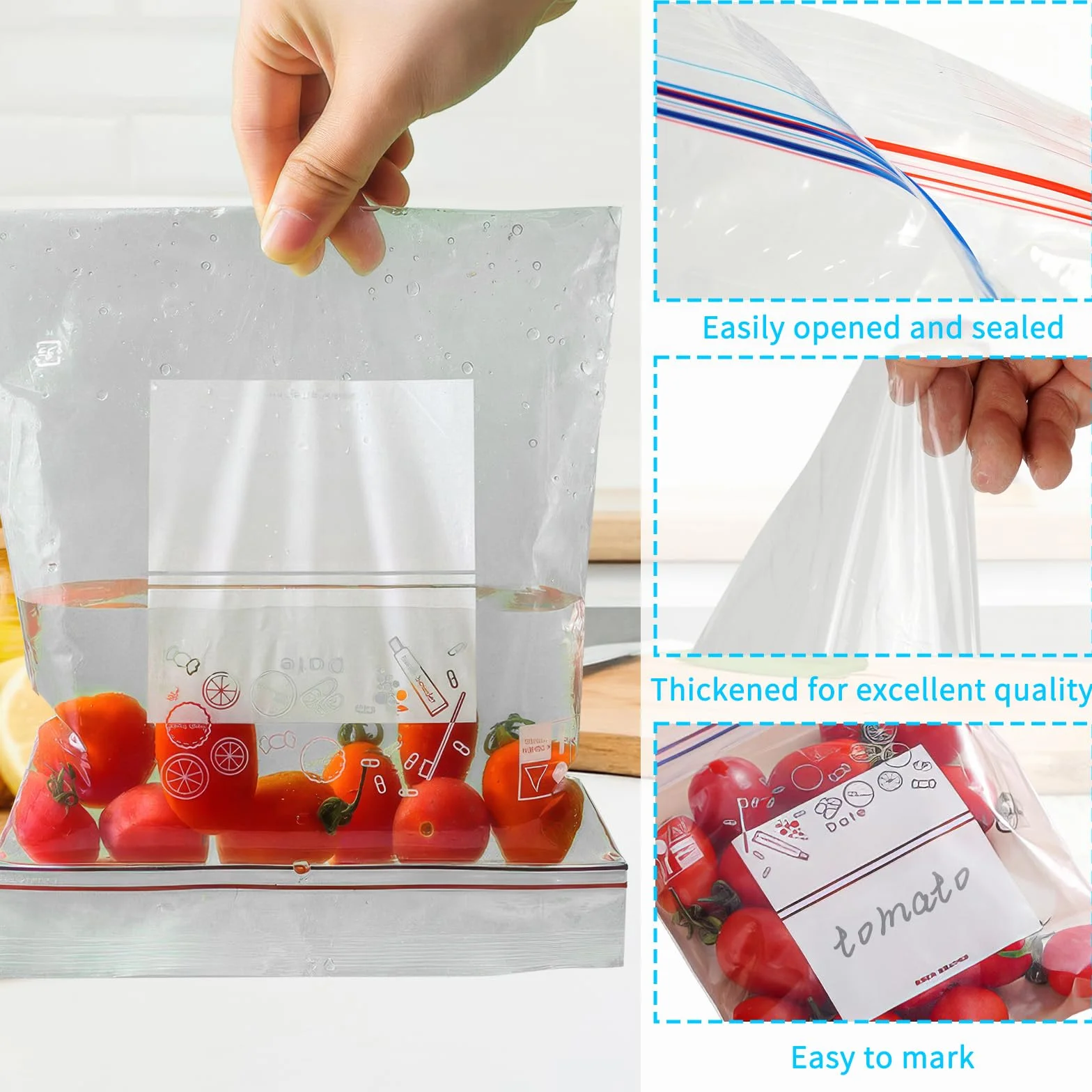 Worki do przechowywania żywności, 130 sztuk, wielokrotnego zamknięcia, bez BPA, szczelne worki na żywność z zamkiem strunowym Ziplock, do zamrażarki, worki na kanapki, owoce, warzywa