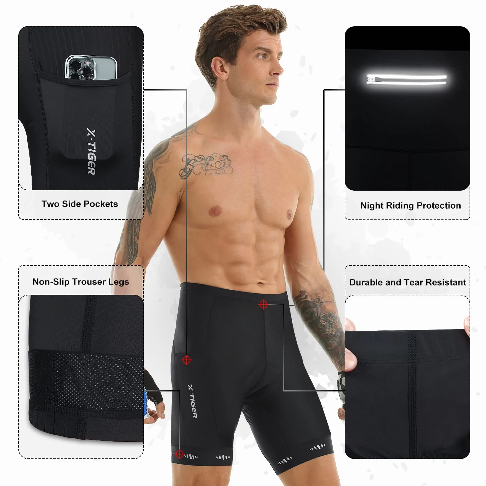 X-TIGER Męskie spodnie rowerowe z wyściółką 5D, spodnie rowerowe, oddychające, szybkoschnące, z 3 kieszeniami, 801 czarny, 3XL