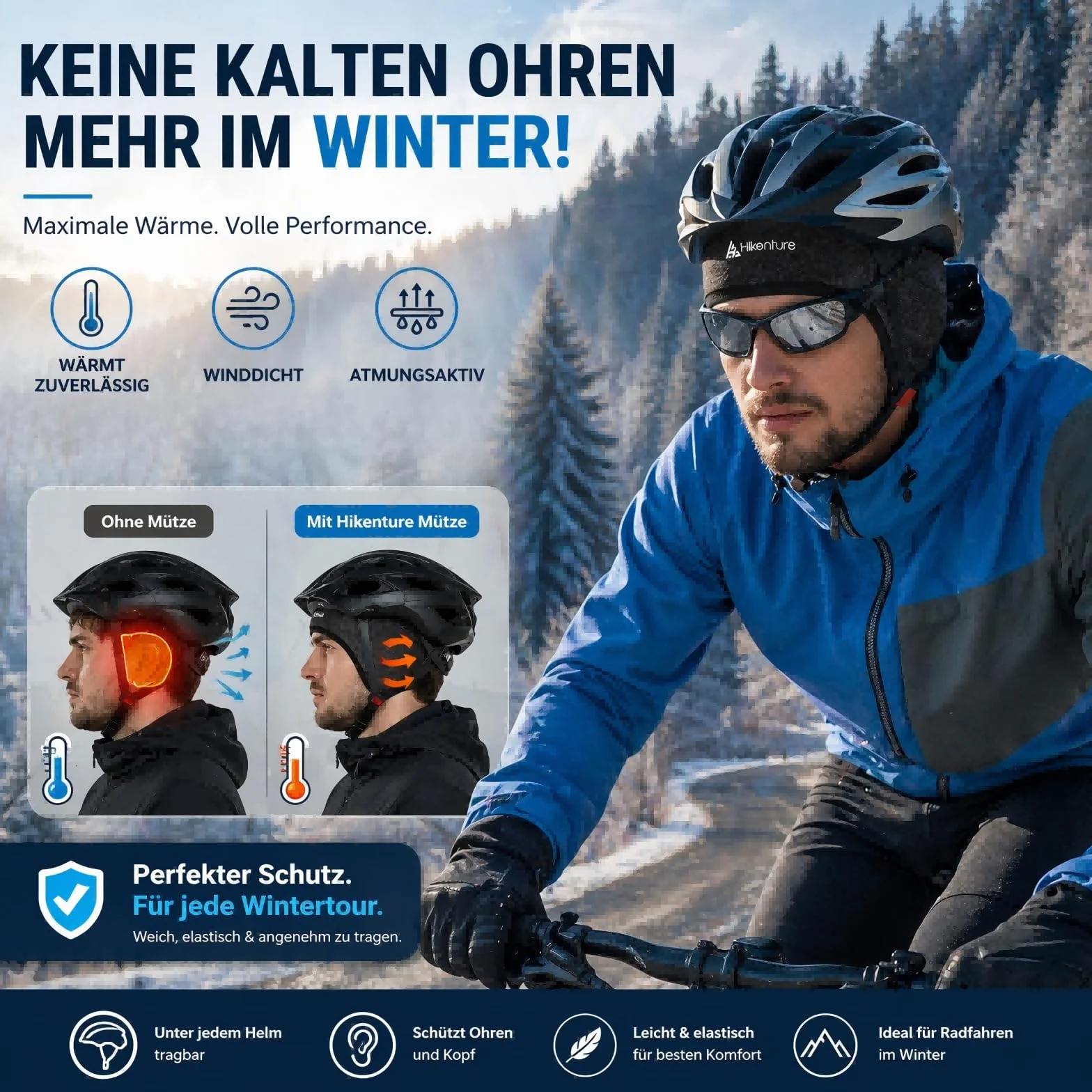 HIKENTURE Czapka zimowa | Wiatroszczelna zimowa czapka rowerowa | Ciepła Czapka Rowerowa | Podkoszulek pod kask męski/damski do kasków rowerowych Kask narciarski Kask wspinaczkowy | Czapka sportowa