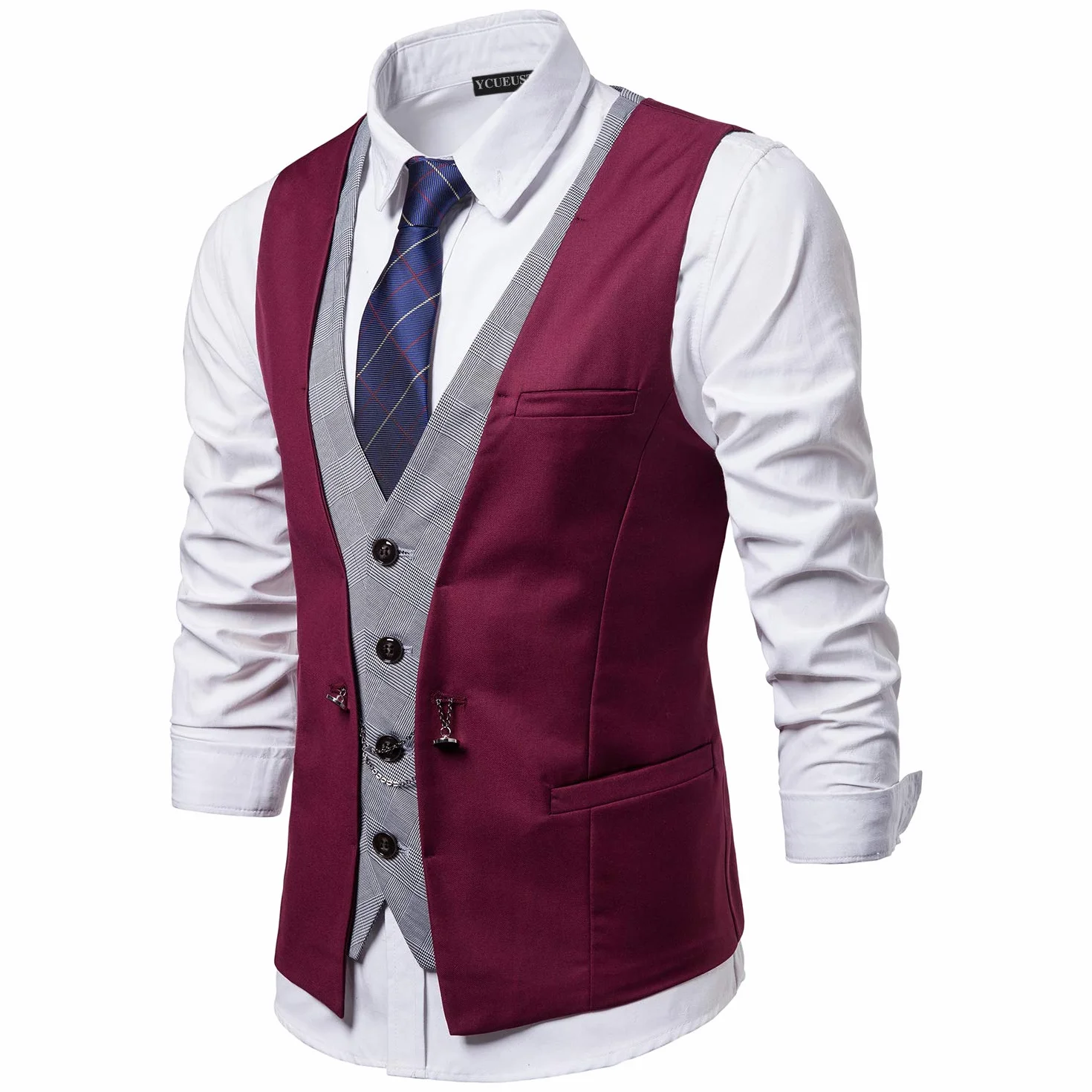 Męska kamizelka garniturowa Slim Fit Business Wedding w kratkę kamizelka garniturowa, czerwony, M