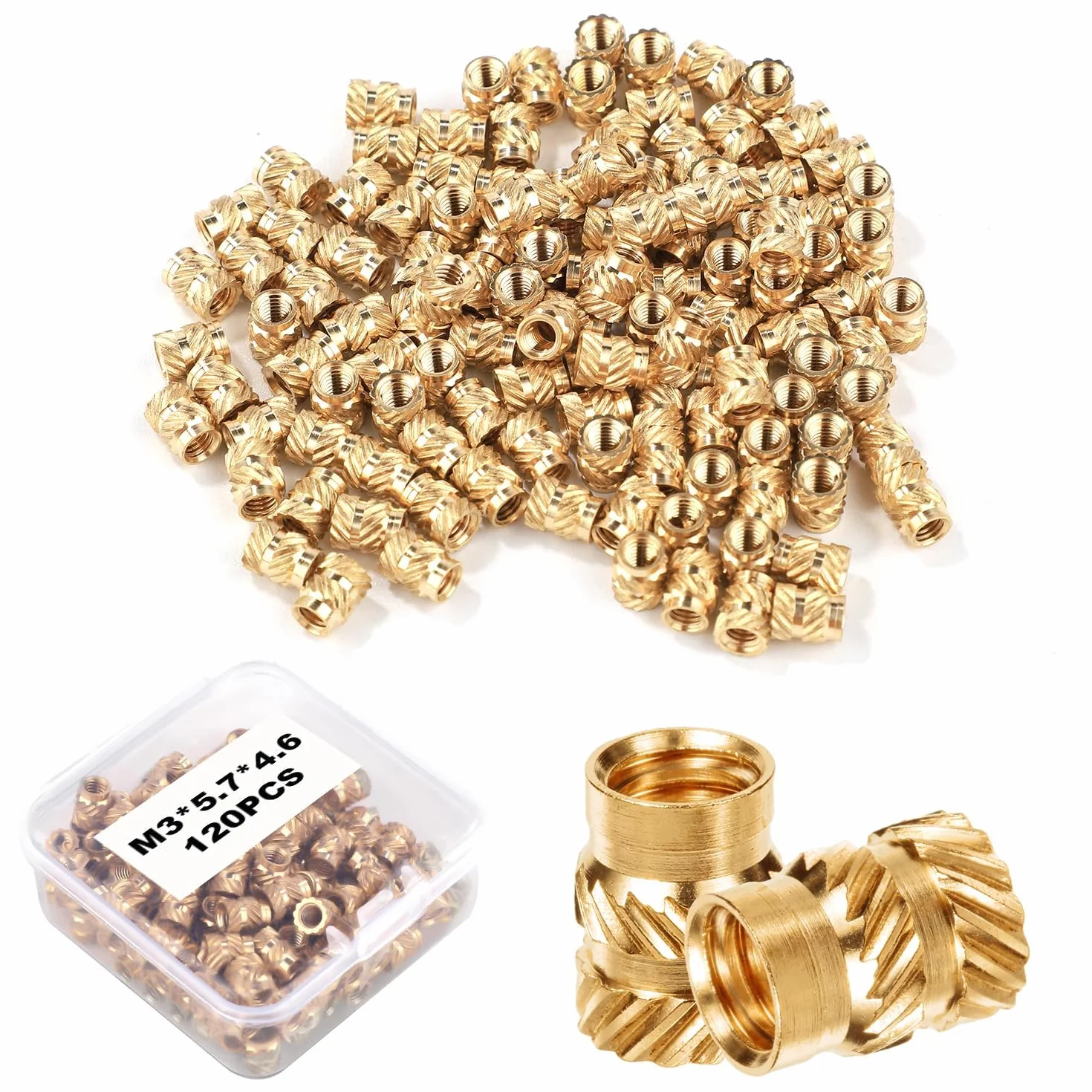 120 Szt. Drukowanie 3D Nakretki Mosiezne, M3x5.7x4.6mm Gwintowane Wkladki Termiczne Radelkowane Nakretki Mosiezne Nakretka do Osadzania Ciepla do Czesci do Druku 3D Obudowa z Tworzywa Sztucznego