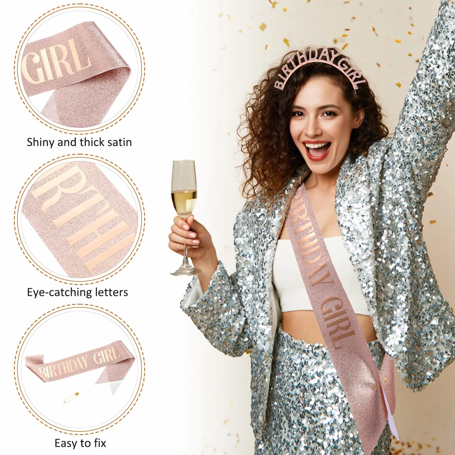 Korona urodzinowa dla dziewcząt, szarfa błyszcząca szarfa urodzinowa "birthday girl", szarfa dla dziewcząt, dla kobiet, na uroczystości, imprezę, bal absolwentów, dekoracja Happy Birthday, na
