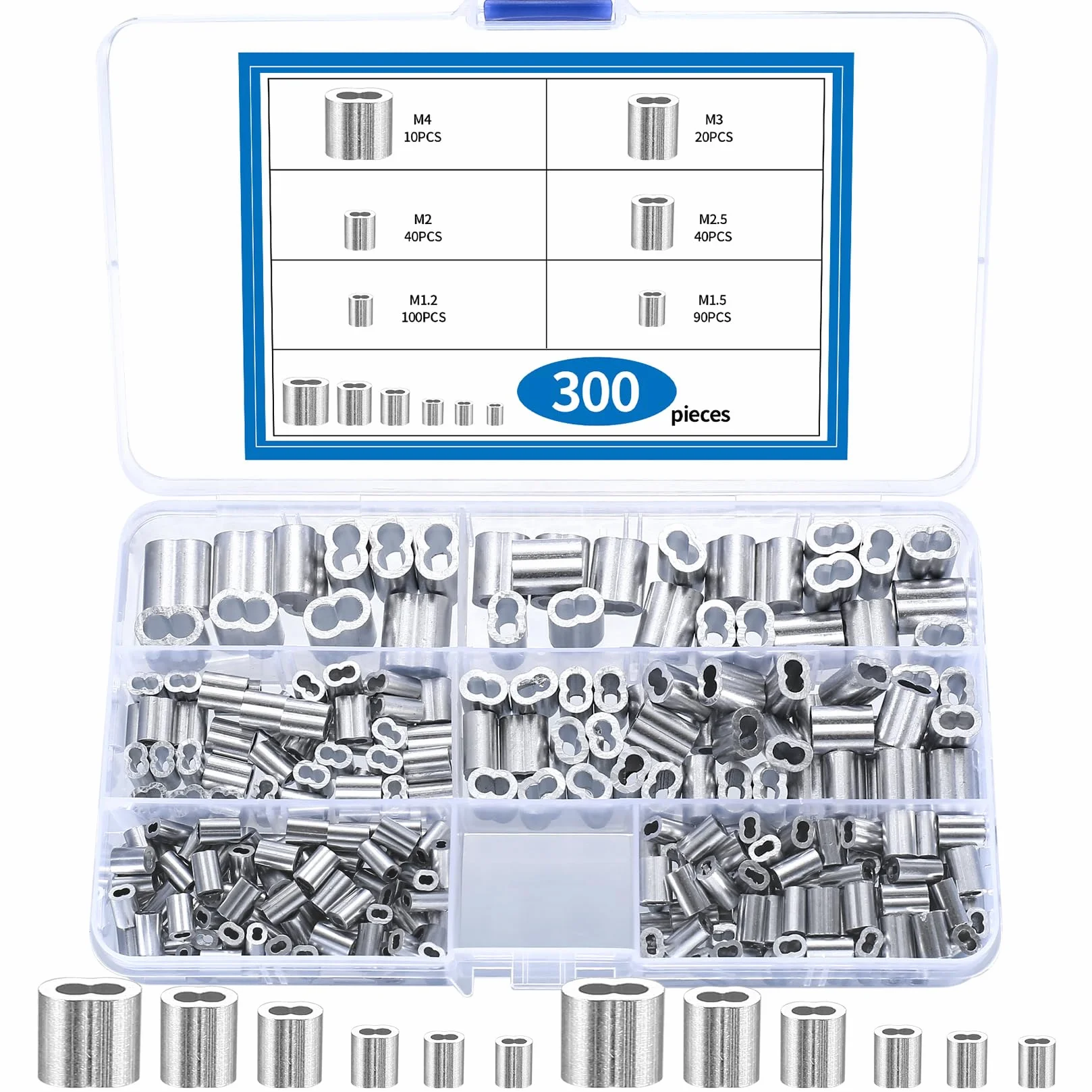 300 Zaciski linowe, Zaciski z obejmą z aluminium, Pętle zaciskowe, Zaciski prasowe, Podwójne tuleje do lin kablowych dla linki gumowej i ekspandera, M1.2/M1.5/M2/M2.5/M3/M4