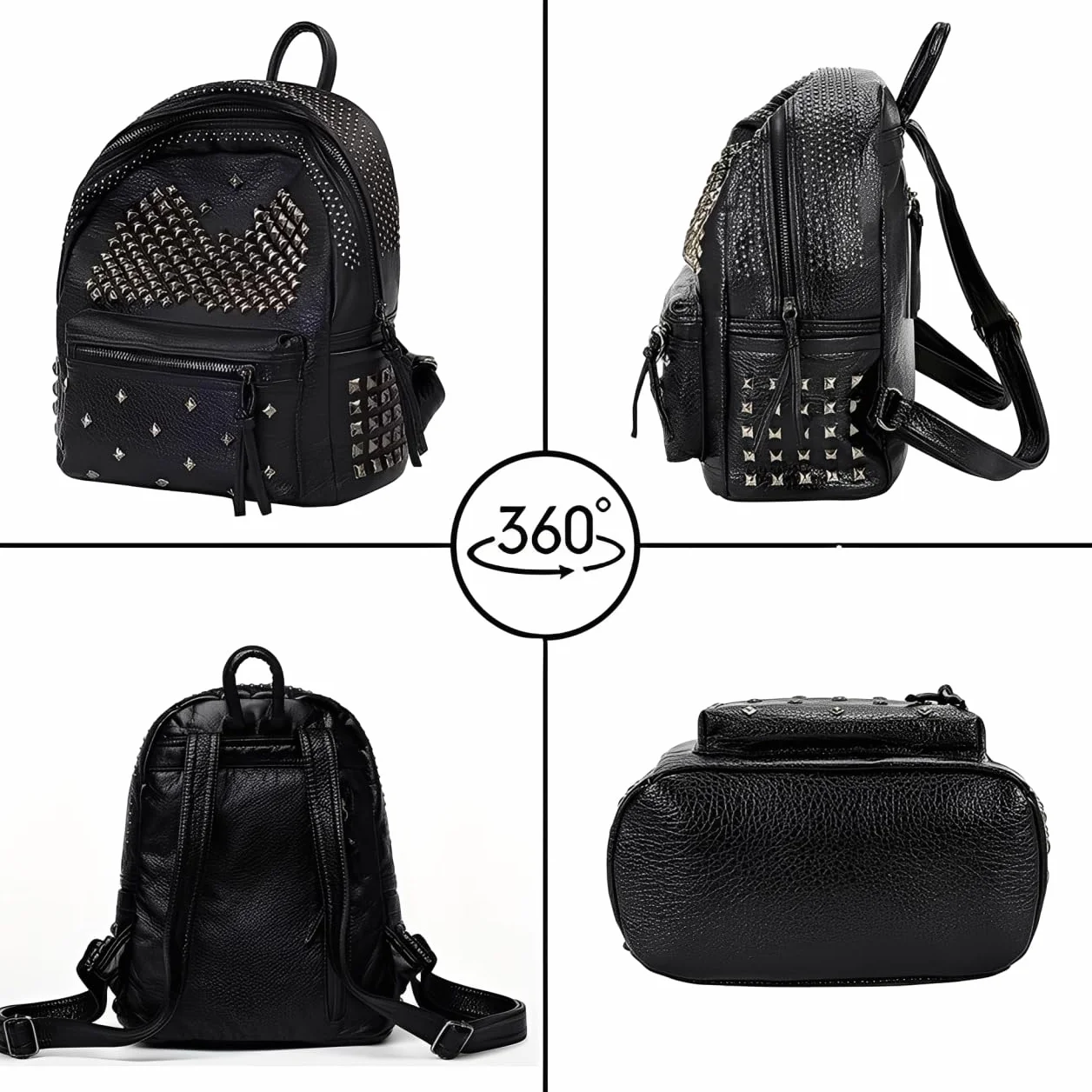 Rivet Design Luxe czarny plecak ze skóry PU torba na ramię wypoczynek torba podróżna torba szkolna plecak dla nastolatek dziewcząt, Czarny, M, Plecaki tornistry
