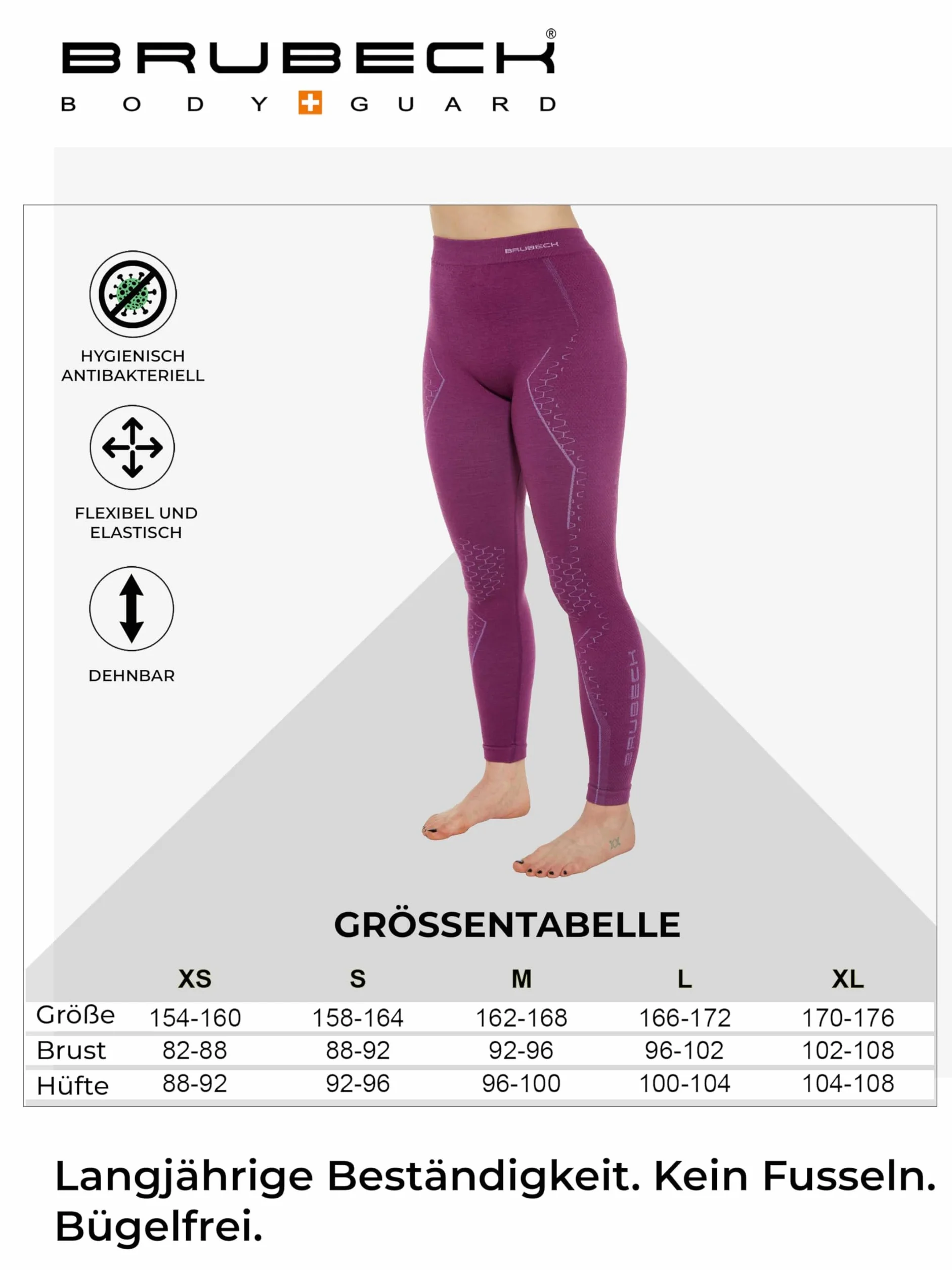 BRUBECK Merino LE11130 damskie majtki funkcyjne, długie, oddychające, do sportów zimowych, termiczne, bielizna narciarska, legginsy, 78% wełna z merynosów