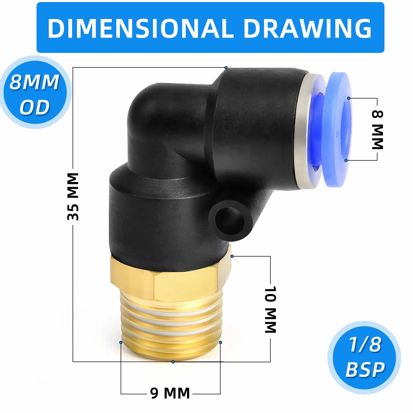 10 szt. 8 mm Tube AD x 1/8 BSP męski Elbow Push to Connect Fittings (PL8-01)