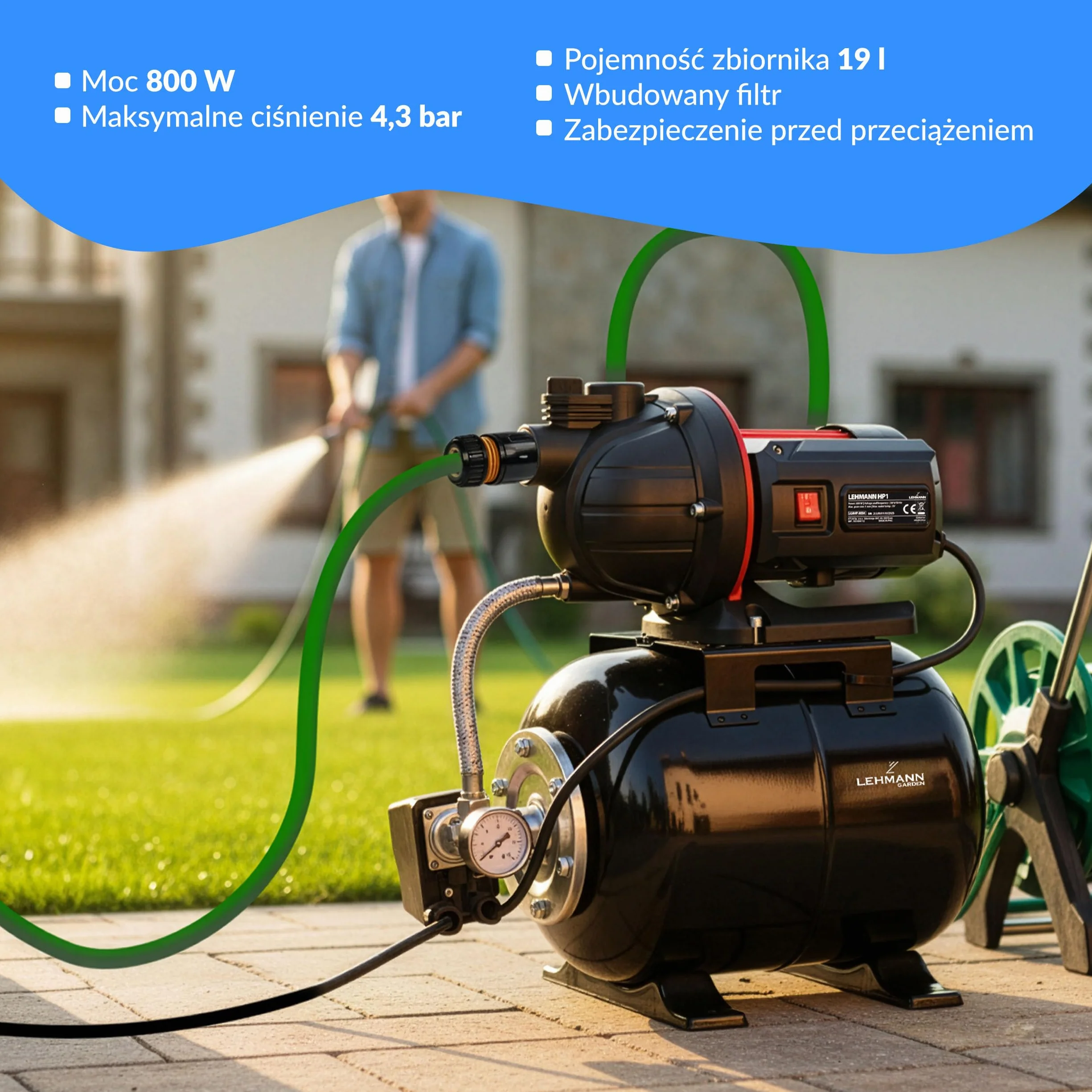 LEHMANN Hydrofor domowy HP1, 800 W, 5200 l/h, zbiornik ciśnieniowy ze stali nierdzewnej 19 l, wysokość tłoczenia 43 m, silnik bezobsługowy, samozasysający, zabezpieczenie przed pracą na sucho