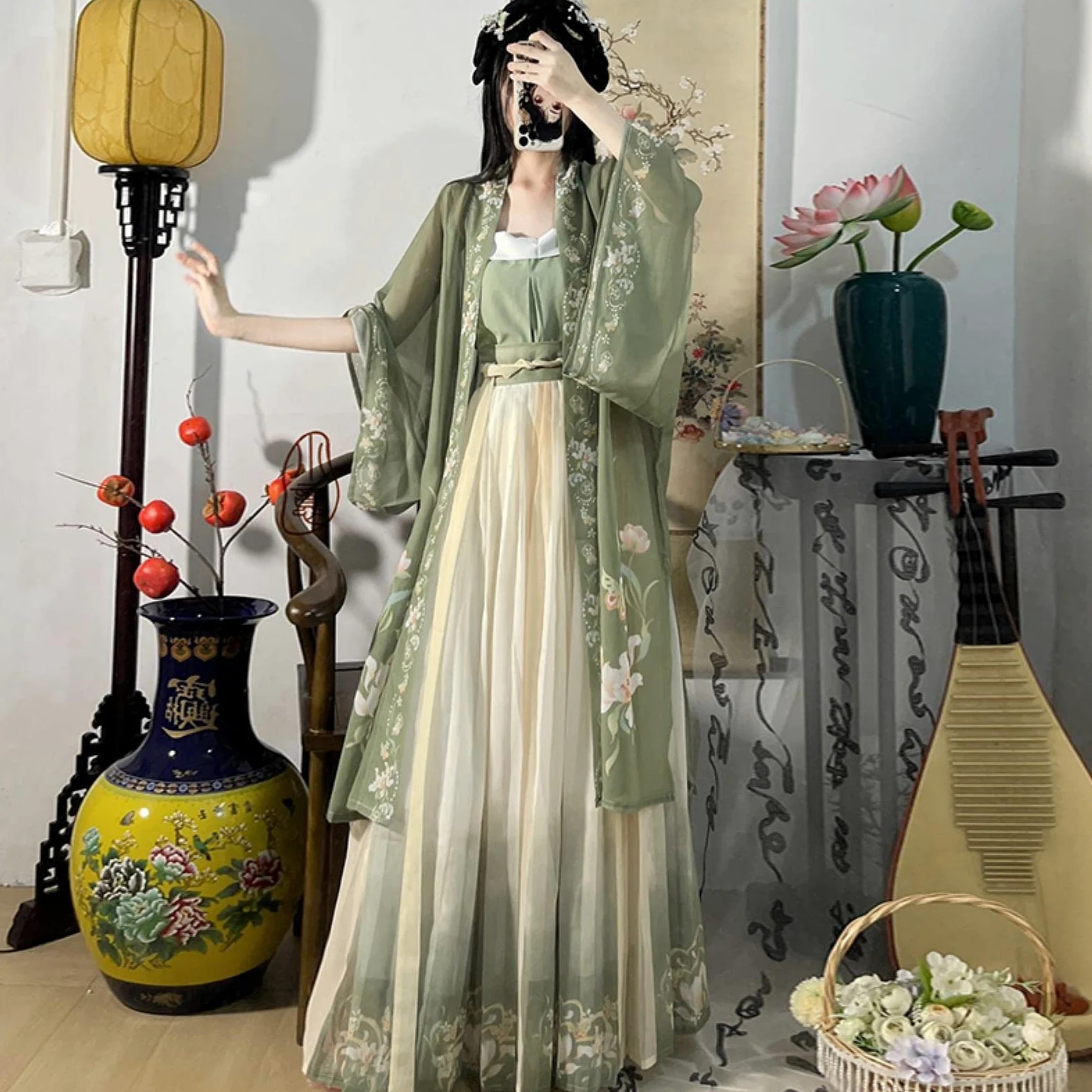 Chińska sukienka Hanfu 3 sztuk zestaw herbata zielona płynąca sukienka maxi chińskie starożytne kobiety sukienka haftowana kostium do strzelania ukończenie szkoły-jeden zestaw 3 szt., L, CN (tylko 1