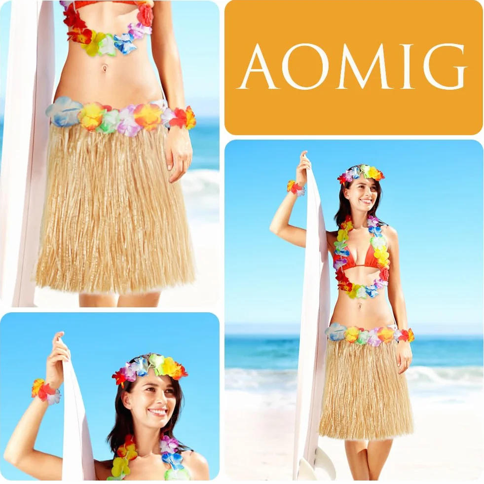 Aomig Hula Hawajska spódnica, 5 szt. Hawajska spódnica w kwiaty, kolorowe tropikalne kostiumy z wiązką, 40/60 cm Hawajskie kwiaty girlandy dla dzieci, dorosłych, kobiet letnia impreza na tropikalnej