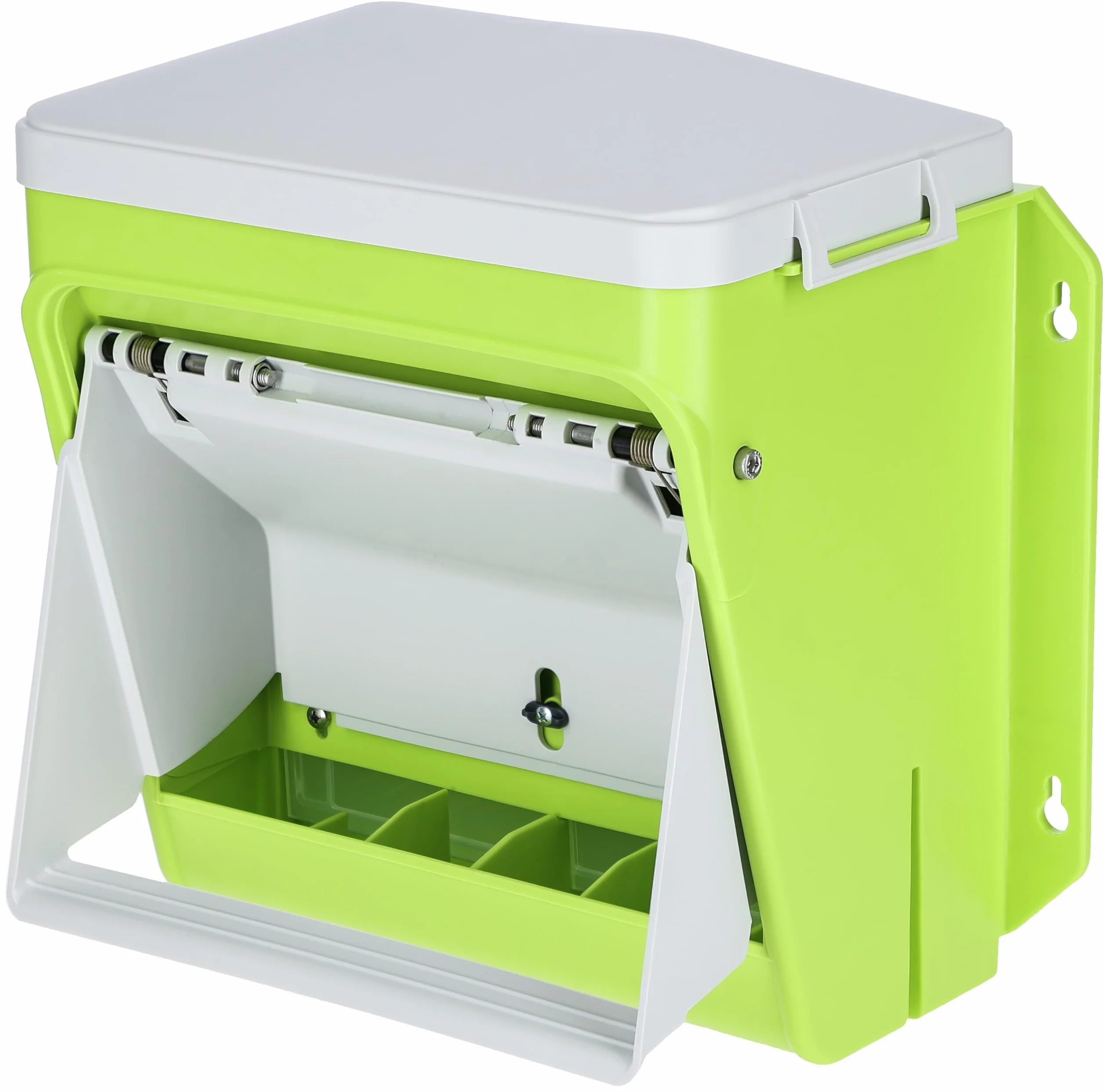 Kerbl Hobbyfarming Smartcoop Automatyczny Karmnik z Klapką Ochronną, Pojemnik na Karmę, Zielony, Jasnoszary, 36 x 27 x 34 cm, Plastik, dla Kur, w Zestawie Uchwyt Ścienny, Wytrzymały