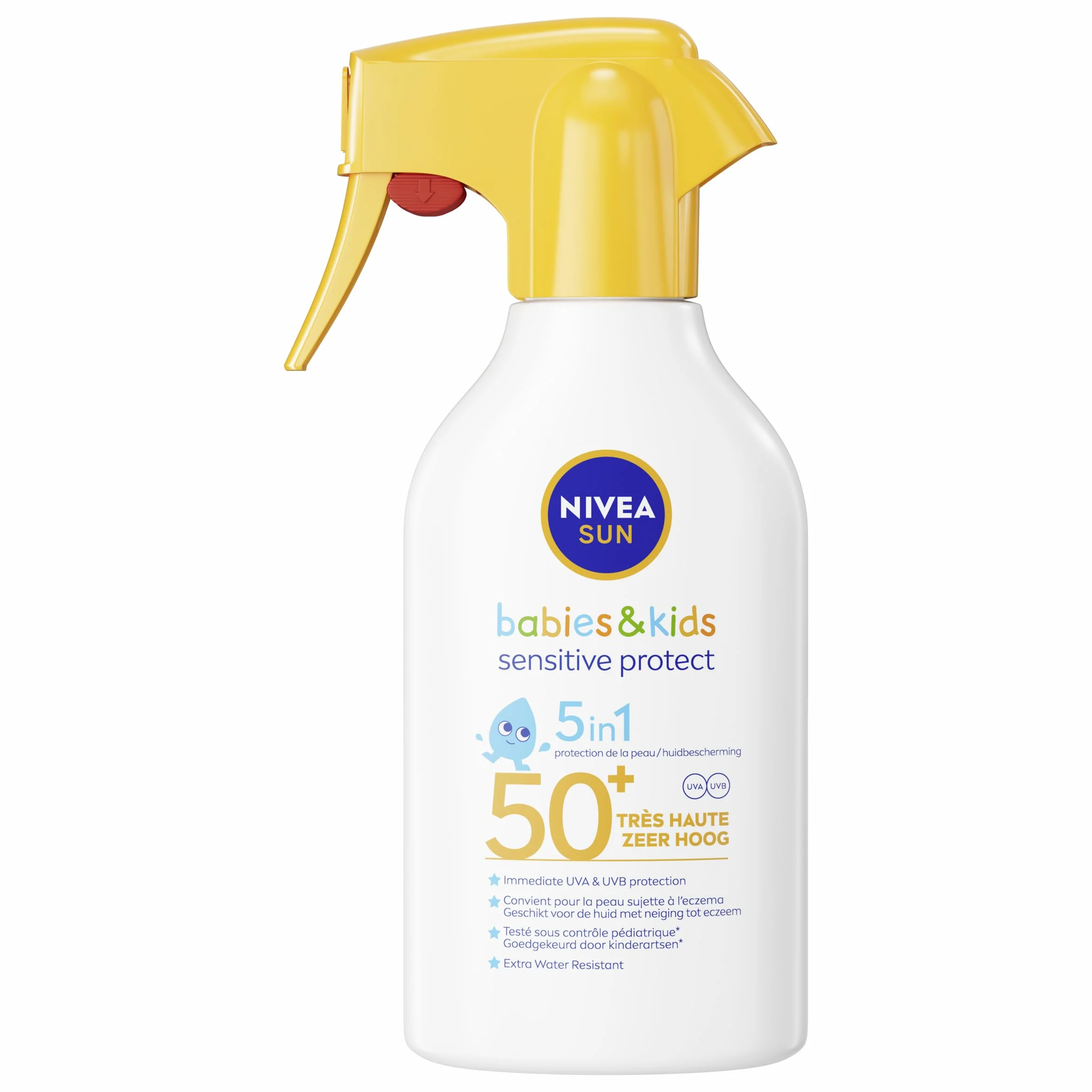 NIVEA SUN Solar Pistolet Babies & Kids Sensitive Protect FPS 50+ (1 x 270 ml), Ultra wodoodporny spray przeciwsłoneczny, filtr przeciwsłoneczny, opracowany dla delikatnej skóry dzieci