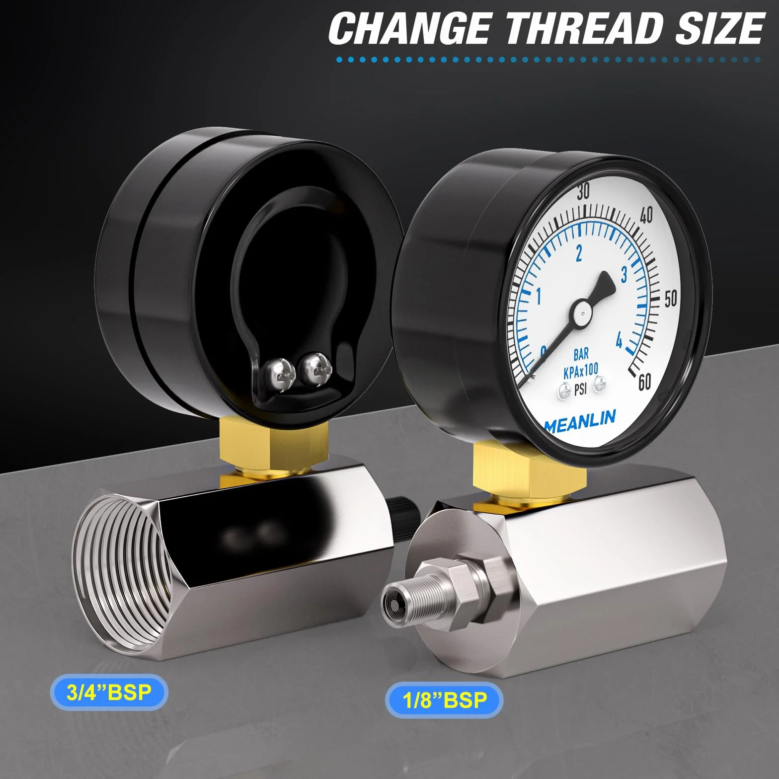 MEANLIN MEASURE 0~4BAR/0~60PSI 2" Manometr stalowy z podwójnymi stopniami ciśnienia, złącze 3/4" FBSP, dokładność +/-3-2-3%