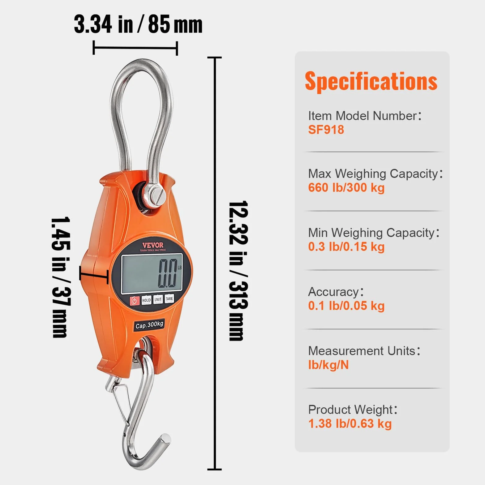 VEVOR Waga dźwigowa 0,15 do 300 kg, cyfrowa waga wisząca, lbs/kg/N, dokładność 0,05 kg, waga przemysłowa, wyświetlacz LCD, wisząca mini waga przenośna z hakiem