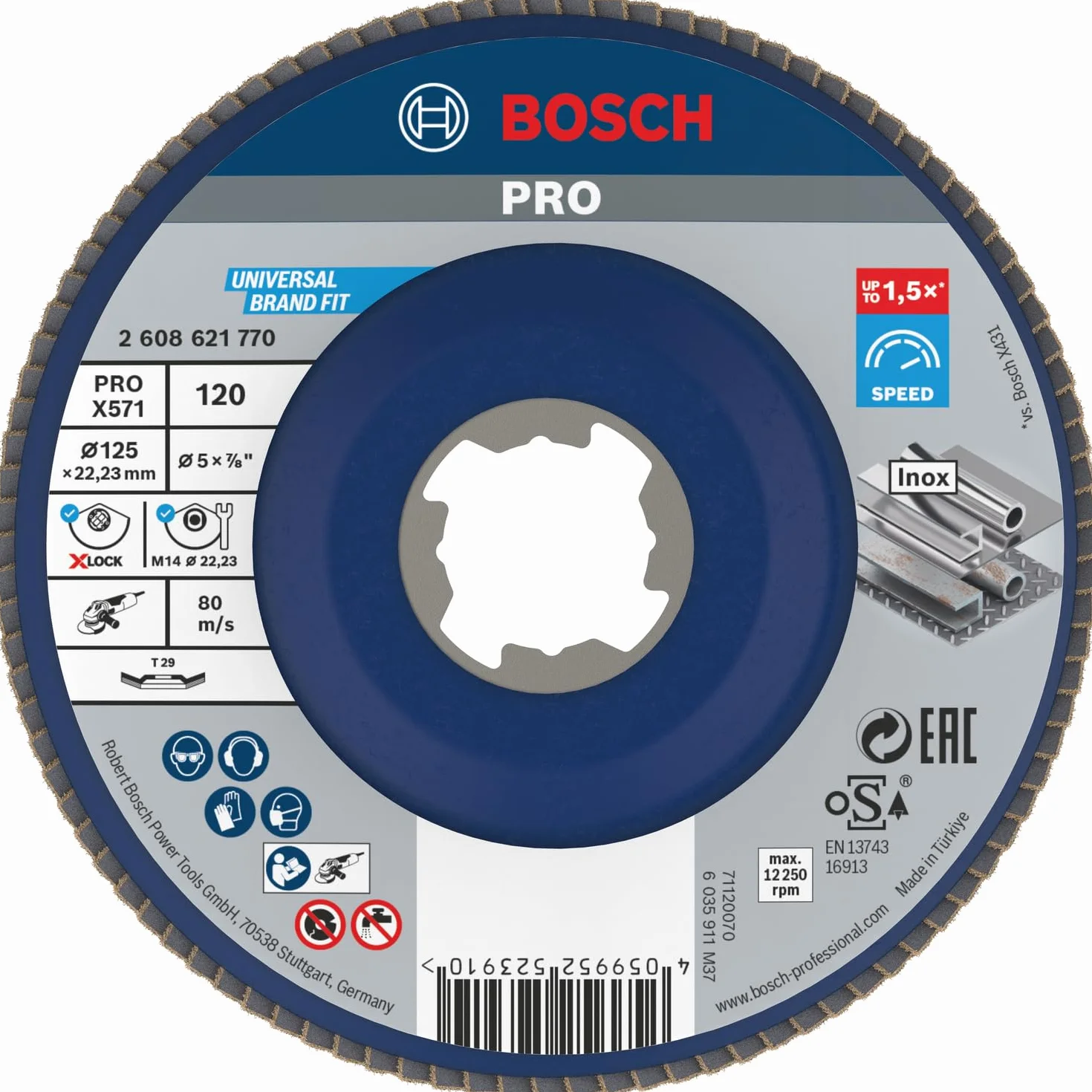 Bosch 1x Tarcza listkowa PRO Metal X571, wersja kątowa do mechanizmu X-Lock (do Stal, Stal nierdzewna, Ø 125 mm, Ziarnistość 120, Professional Akcesoria Mała szlifierka kątowa)