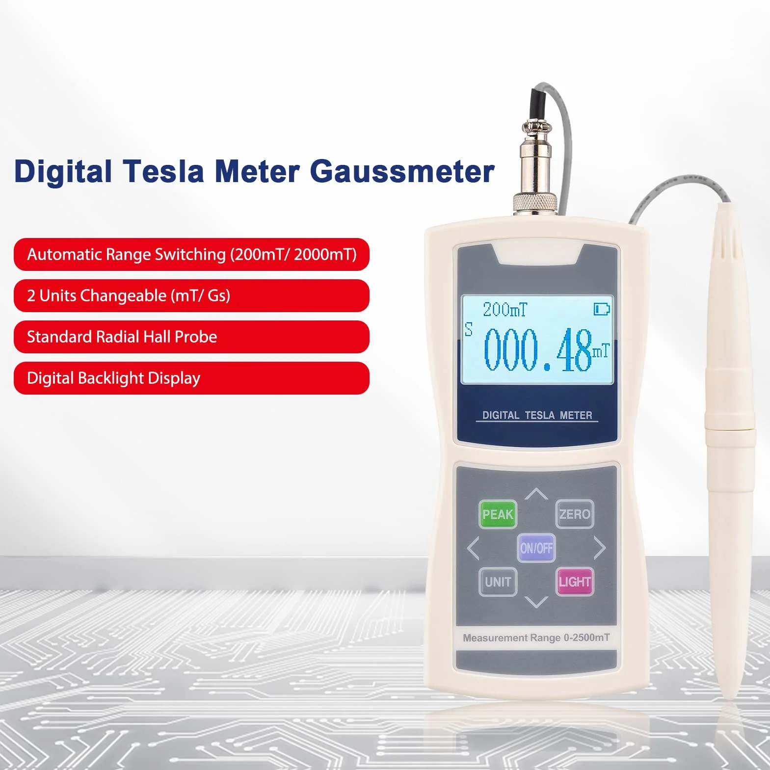 Cyfrowy miernik Tesla Gaussymetr Automatyczny zakres 200mT / 2000 mT Wysokowydajny Tester pola magnetycznego o wysokiej precyzji ze standardową radialną sondą Hall plastikową obudową