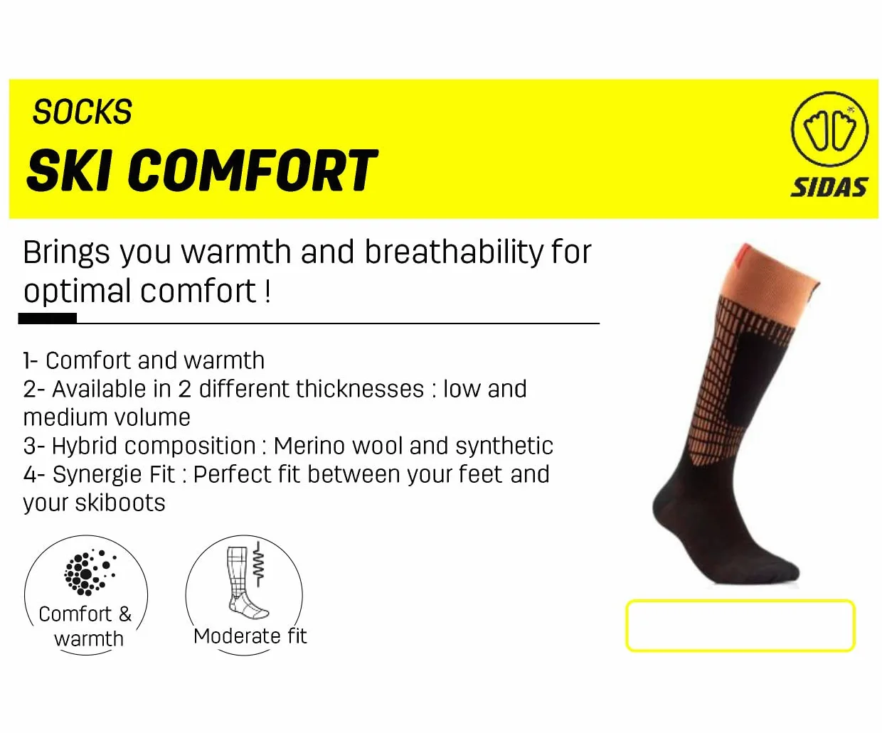 Sidas Skarpety na co dzień Uniseks Chaussettes De Ski Confortables En Laine Mérinos Douce Et Anti-transpiration Pour Le Ski