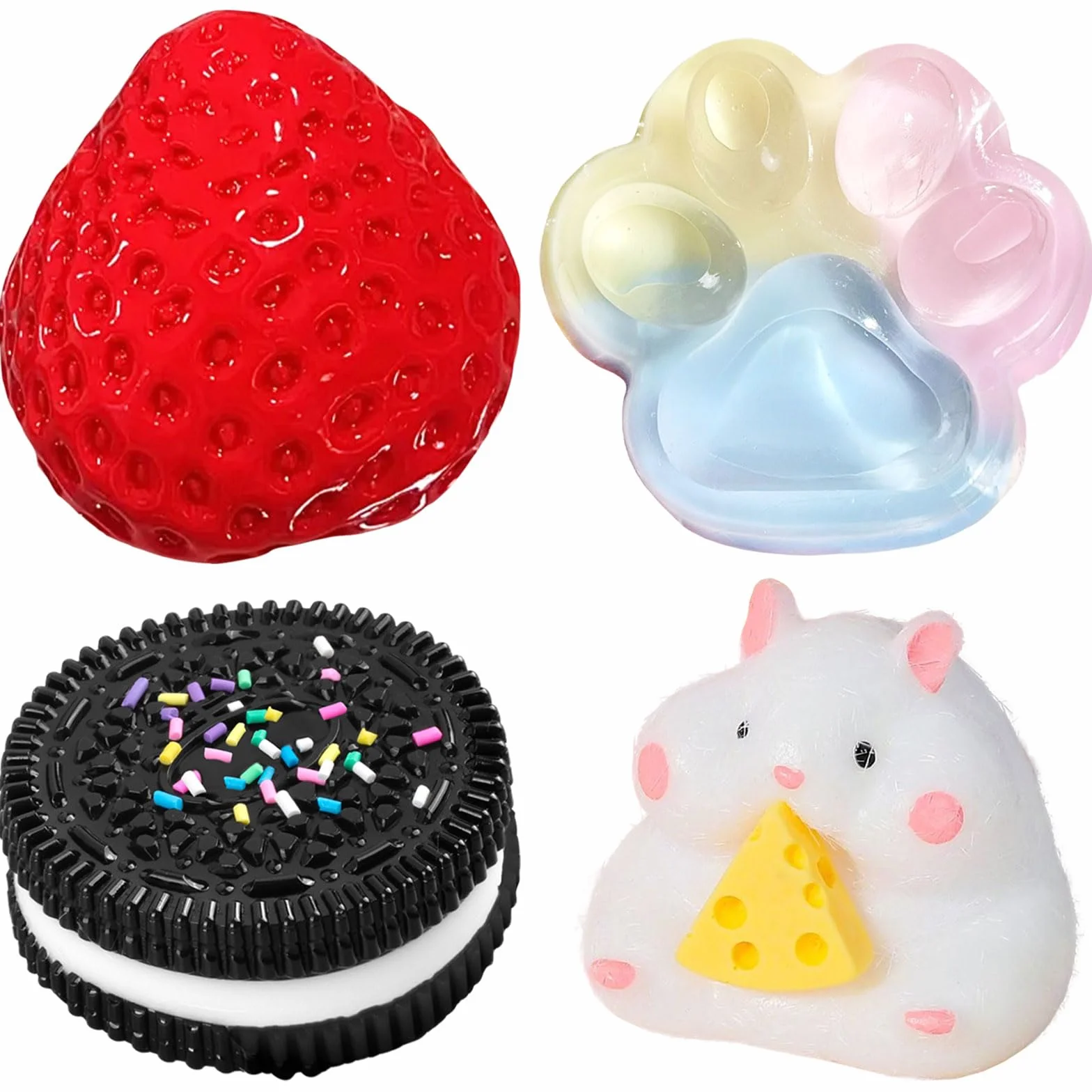 SSKHE Zestaw 4 szt. Taba Squishy, truskawkowy + chomik + łapa kota + chomik + Oreo, Fufu Squishy Squishy Toy Squishes zestaw do łagodzenia stresu sensoryczny zabawa fidget prezenty dla dzieci lub