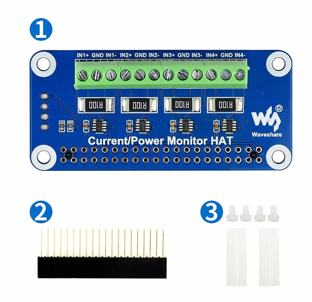 Waveshare 4-ch Current/Voltage/Power Monitor HAT do Raspberry Pi I2C/SMBus Interface Easy to Monitor each Channel's Current, Voltage and Power Consumption