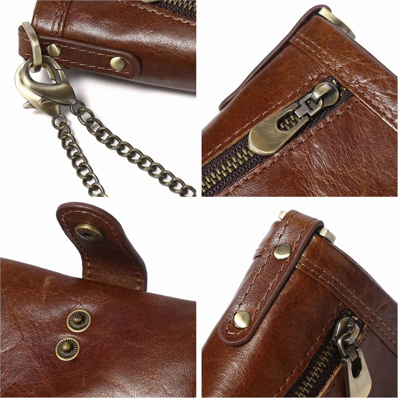 Męski portfel z łańcuszkiem męski portfel ze skóry z łańcuszkiem antykradzieżowym skórzany RFID podwójny składany portfel, kawa, 12x9.5cm, Klasyczny