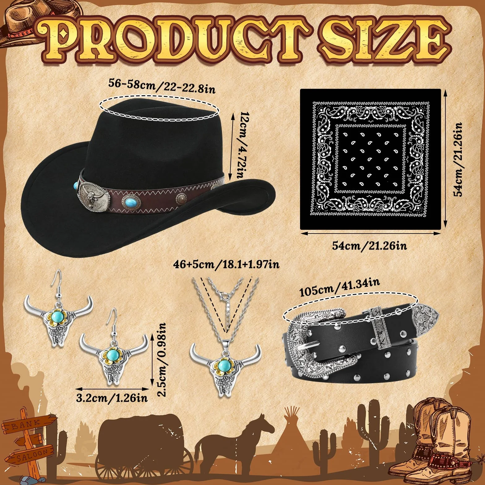 5 szt. turkusowo-brązowy western kowbojski strój damski z kapeluszem + kolczyki + naszyjnik + pasek + bandana dla dorosłych, karnawał, impreza tematyczna, cosplay