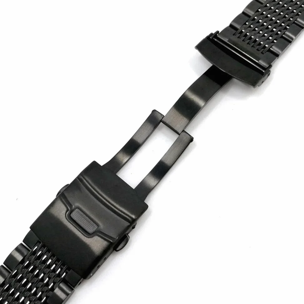 20/22/24mm HQ Shark Mesh zilver zwart pasek do zegarka ze stali nierdzewnej bransoletka zamienna mężczyźni składane zapięcie pasek do zegarka bezpieczeństwa (kolor: zwart, rozmiar: 22mm)