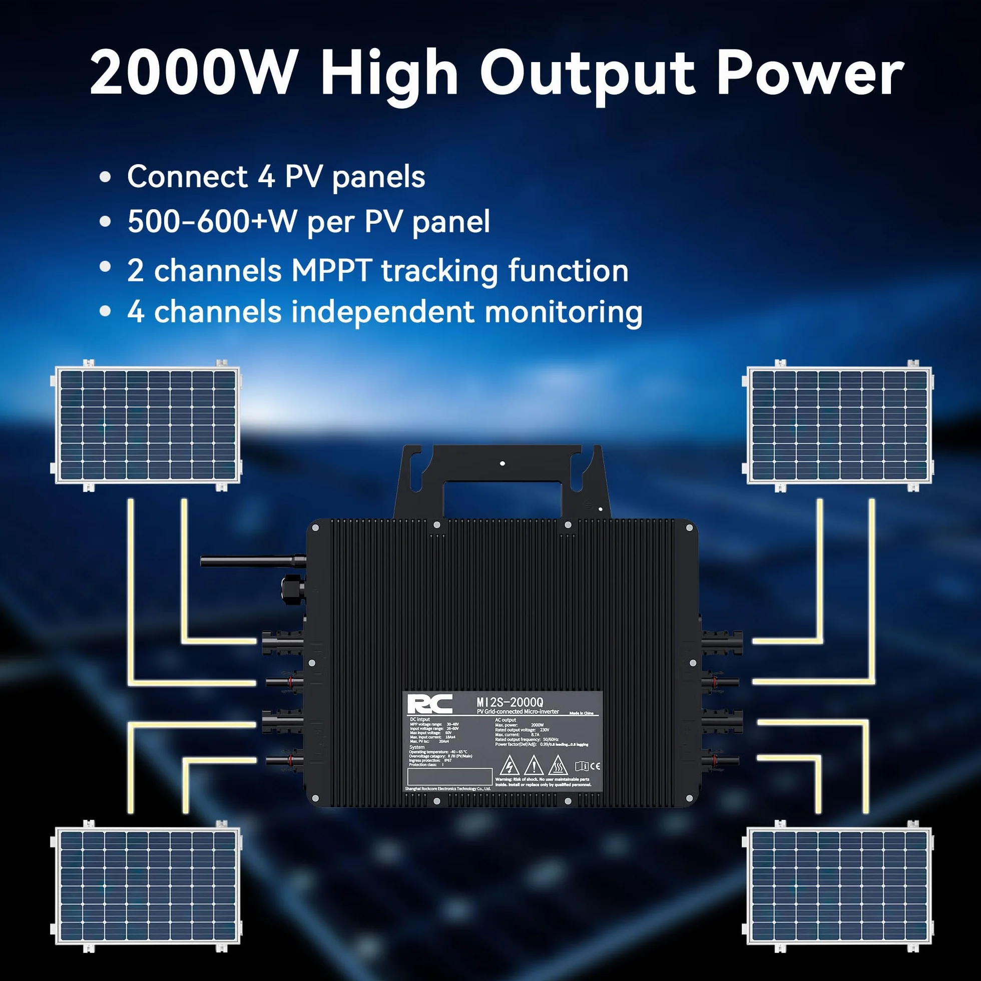 RC Mikrofalownik 2000 W, wejście 26-60 V DC, falownik modułu PV, mikro-przetwornik MPPT, obsługuje zdalne monitorowanie WiFi