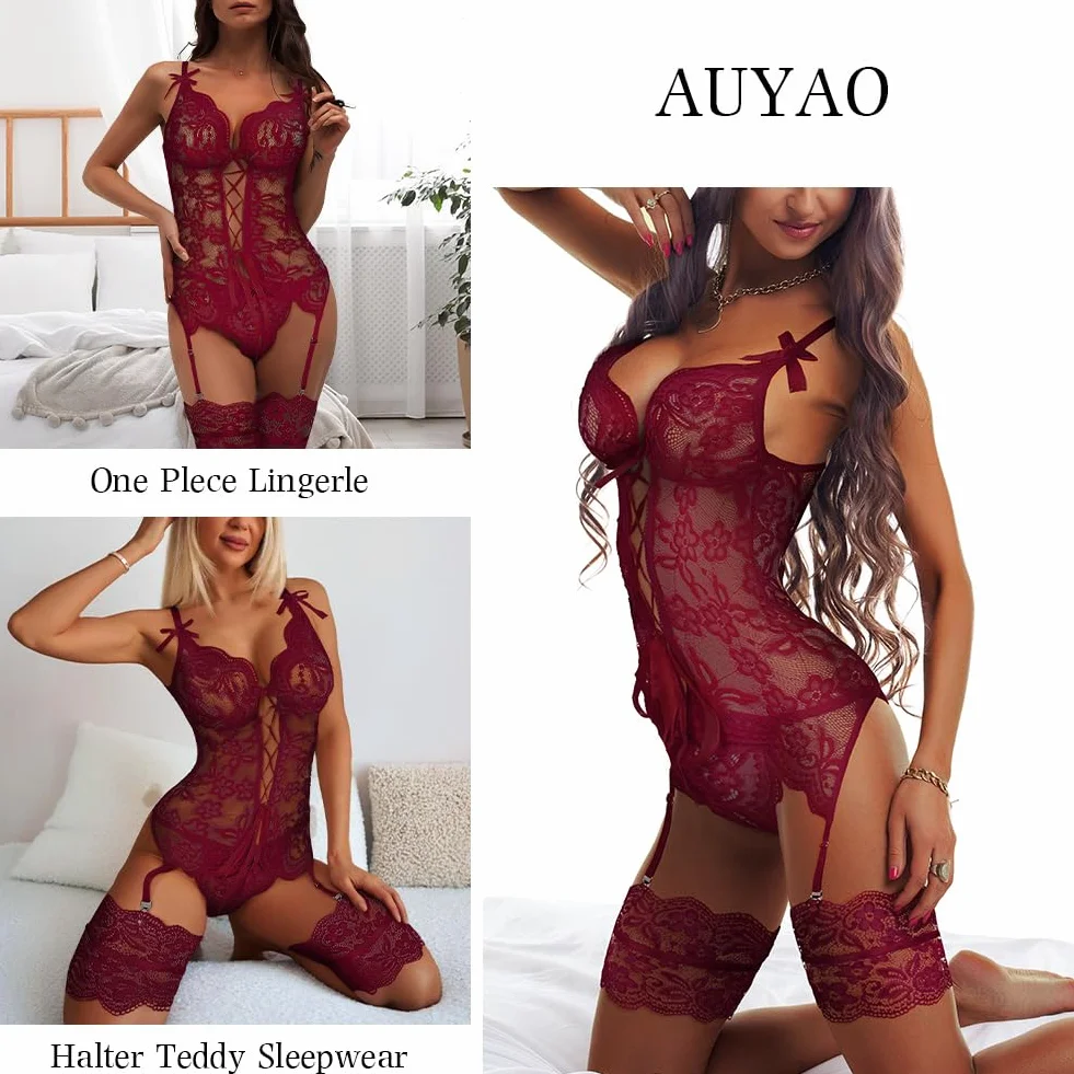 AUYAO Damskie koronkowe body, zestaw bielizny, z paskiem do pończoch, biustonosz i majtki, plus size, babydoll, bielizna nocna, z wysokim stanem, szelki, bez pończoch, 3 szt.