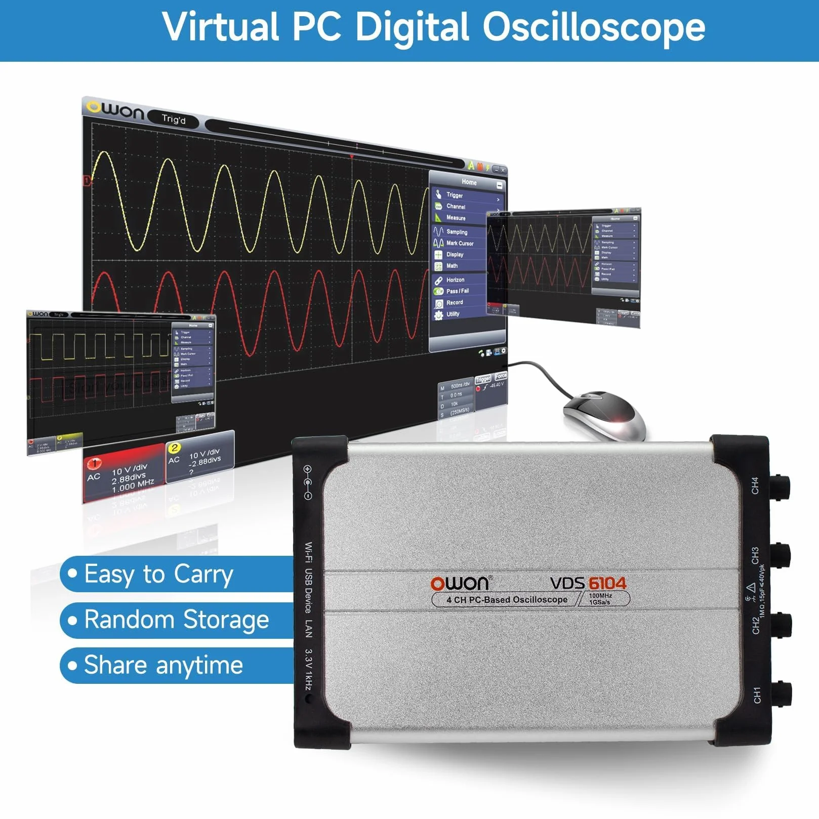 OWON VDS6104 USB PC wirtualny oscyloskop 4 kanały 100 MHz 1Gsa/s 8 bitów ADC przenośne cyfrowe oscyloskopy USB typu C oscyloskop PC, obsługiwany standardowy protokół SCPI, obsługiwany LabVIEW.