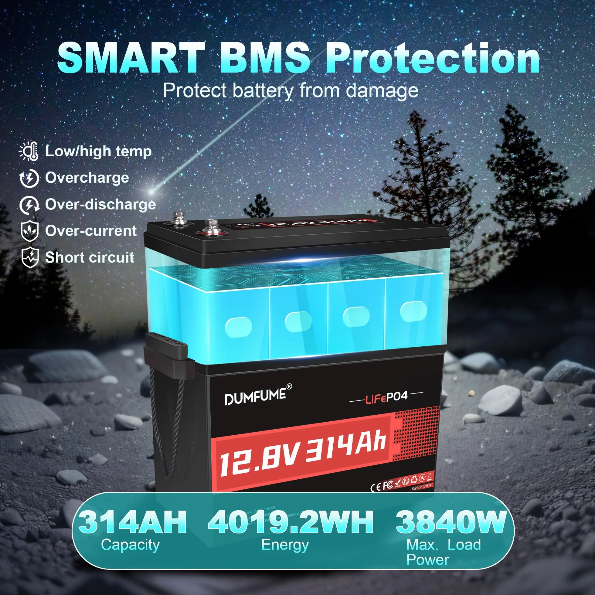 12V 300Ah (314Ah) Bateria LiFePO4 z Wbudowanym BMS 200A, 4019Wh, 4000+ Cykli, Akumulator Litowy 300Ah do Kamperów, Fotowoltaiki, Systemów Off-Grid i Domowego Magazynowania Energii
