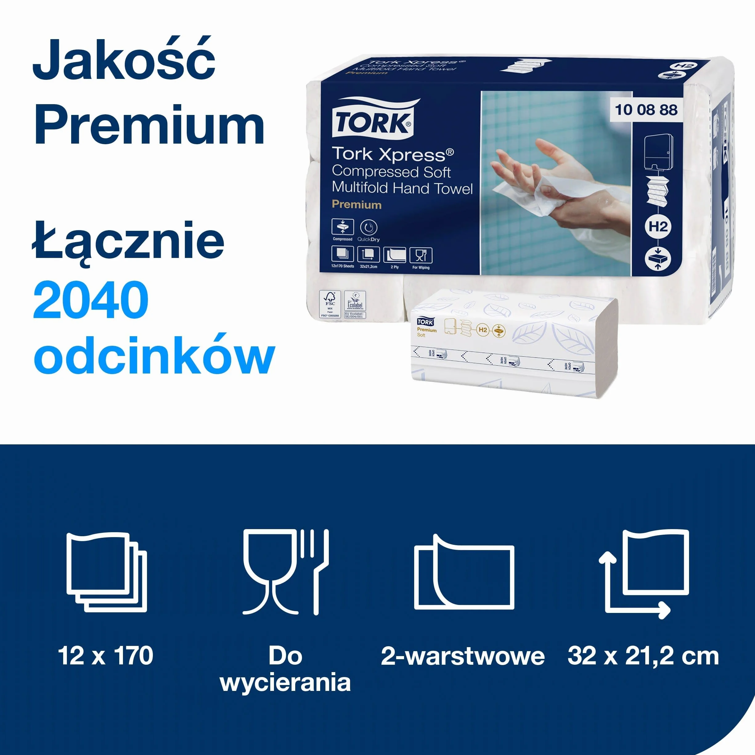 Tork Xpress Skompresowane Miękkie Ręczniki Papierowe Składane Białe H2, Premium, 2-Warstwowe, Składane w M, Duże, 12 x 170 Odcinków, 100888