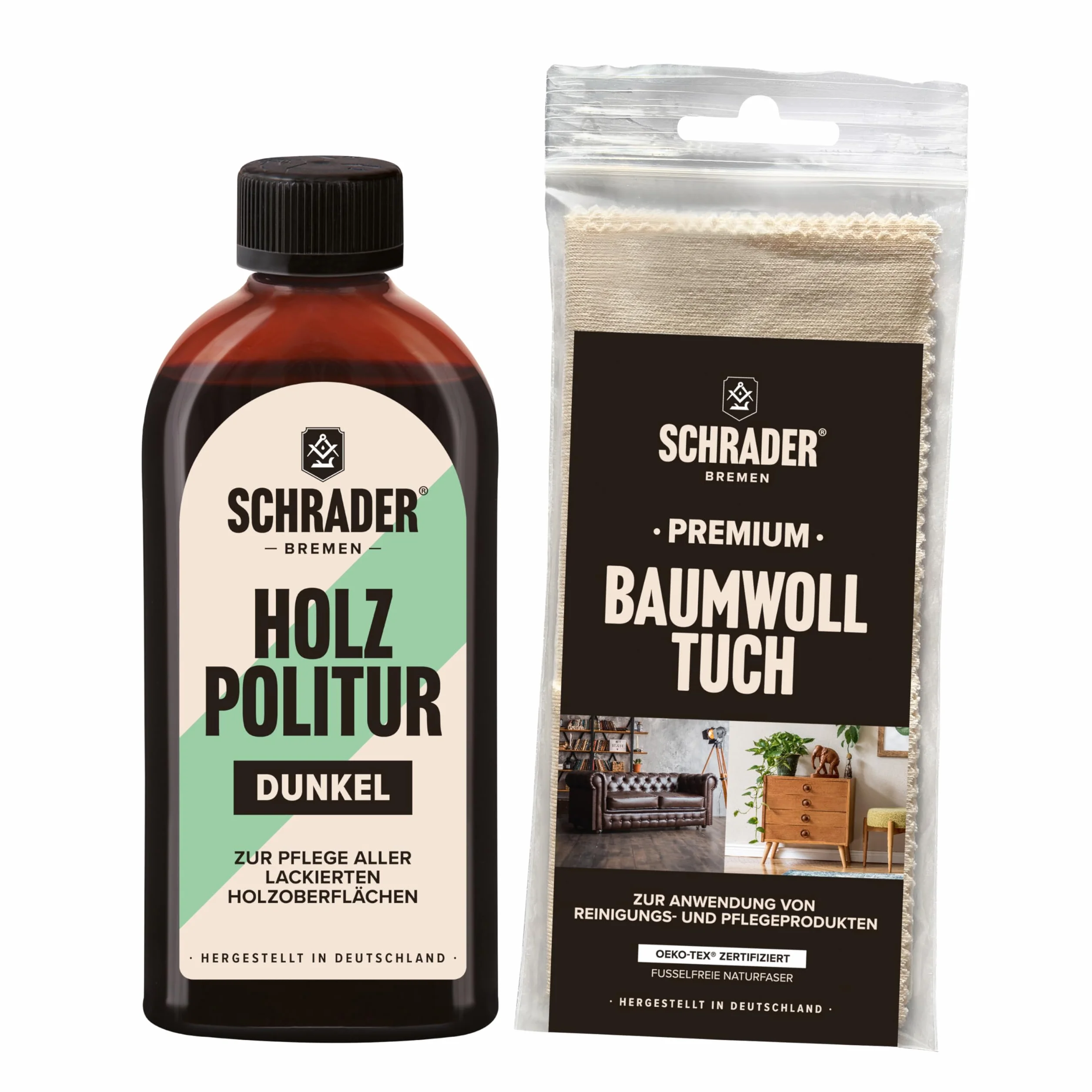 SCHRADER politura do drewna, ciemna politura do mebli, odświeża lakierowane meble drewniane – 1 x 250 ml – ze ściereczką do polerowania – Made in Germany