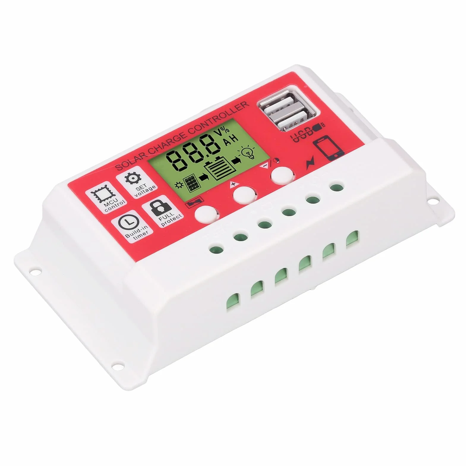 Podwójny Regulator ładowania Słonecznego USB, Inteligentny Regulator 30A z Wyświetlaczem LCD do Baterii Panelu Słonecznego, Regulowany (10A)