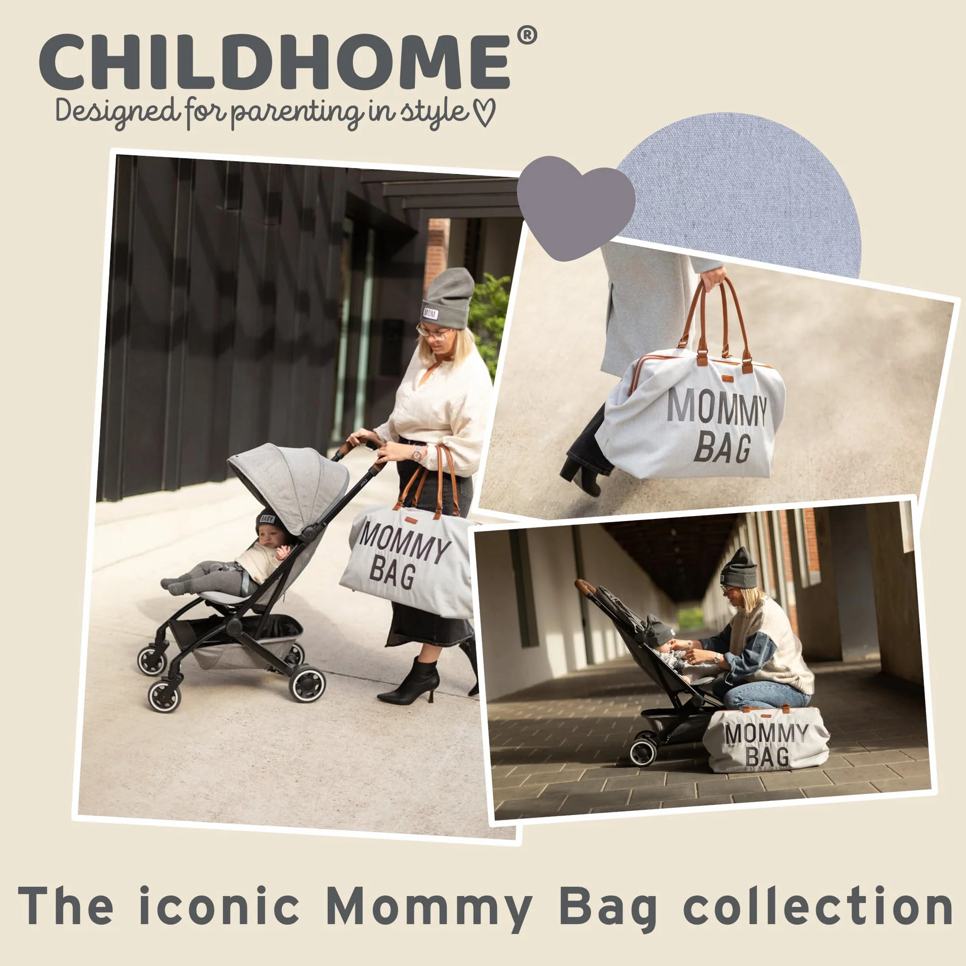 Childhome, Mommy Bag, torba na pieluchy, dla kobiet w ciąży, torba podróżna, duża pojemność, mata do przewijania, regulowany pasek na ramię, izolowana kieszeń, przejście na walizkę, szara koszulka