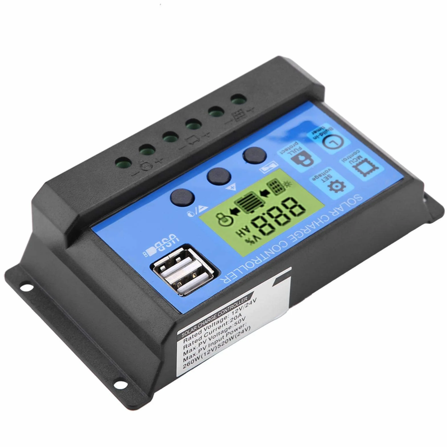 Kontroler ładowania solarnego, PWM 12 V 24 V podwójny USB kontroler ładowania panelu słonecznego inteligentny regulowany regulator wyświetlacz LCD 10/20/30 A (YJSS-20A)
