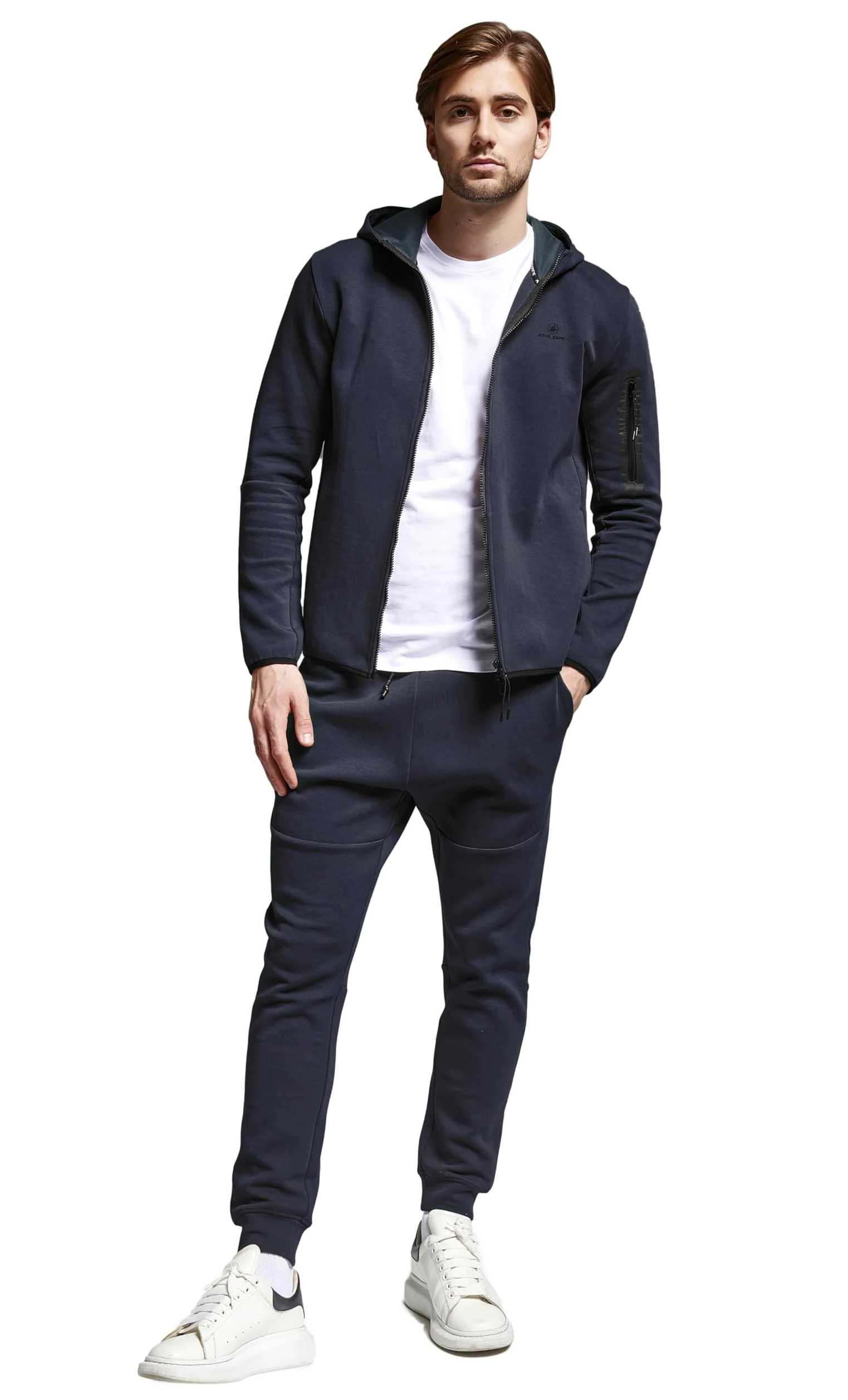 Nowoczesny męski dres treningowy, zestaw sportowy, bluza z kapturem i spodnie do joggingu z mankietami