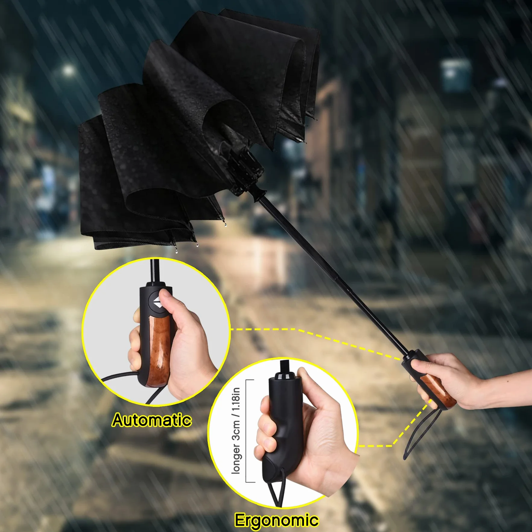 ECHOICE Parasol kieszonkowy automatyczny XL, wiatroszczelny do 140 km/h, 10 żeber stal nierdzewna, powłoka teflonowa, czarny