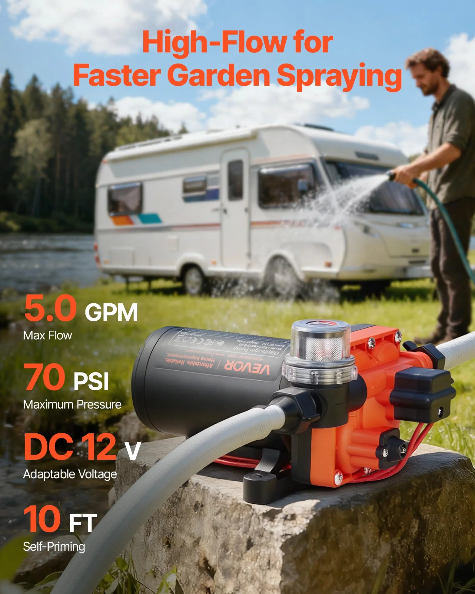 VEVOR Pompa membranowa, 12 V DC, 18,9 l/min, samozasysająca 4-komorowa pompa wodna z automatycznym przełącznikiem ciśnieniowym, ciśnienie 4,8 bar, do przyczep kempingowych, statków, jachtów, myjni