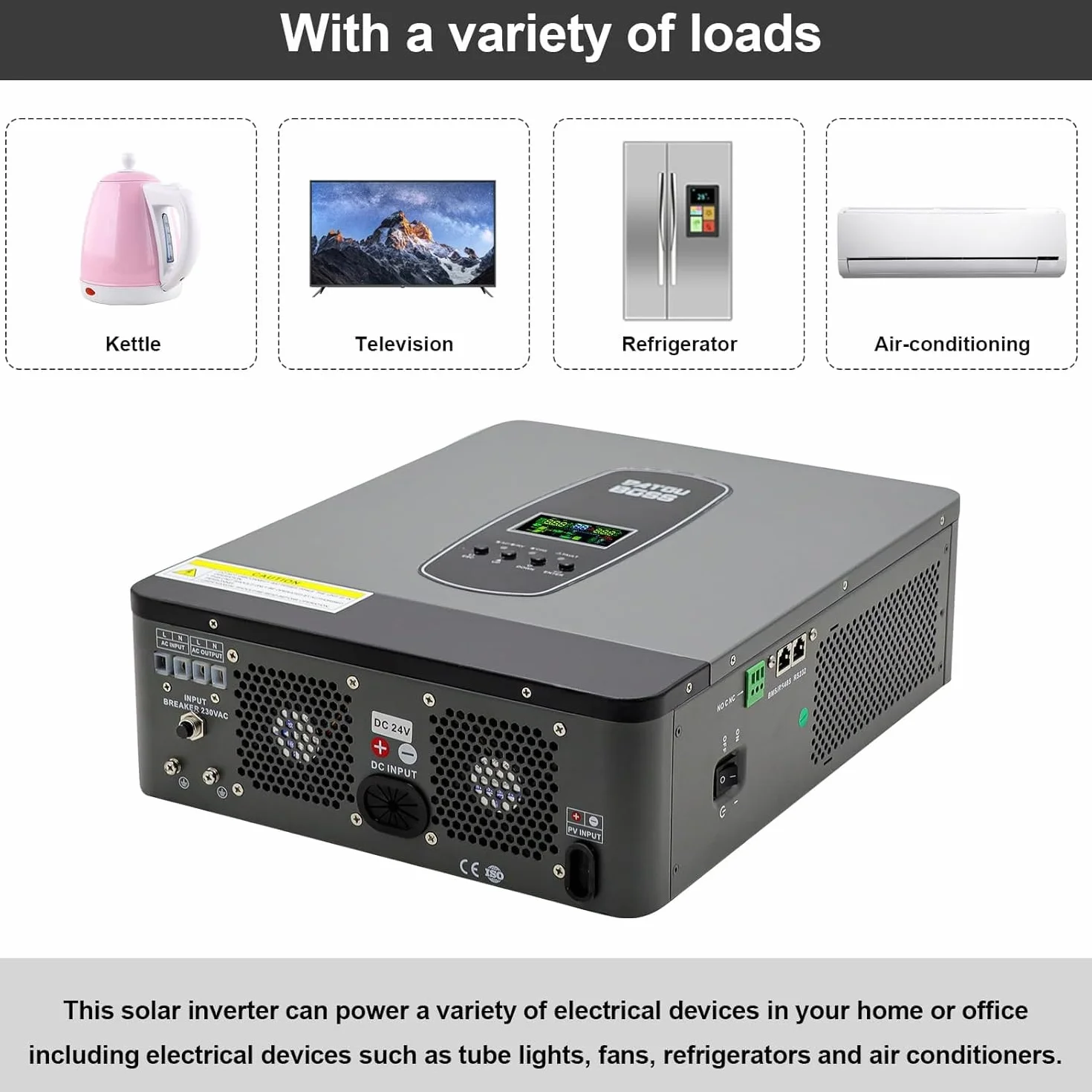DATOUBOSS Hybrydowy falownik 3000W 24V, hybrydowy falownik solarny 24V, czysty sinus, 24V DC na 220/230V AC, system ochrony BMS, z 100A MPPT do akumulatorów ołowiowo-kwasowych i litowych