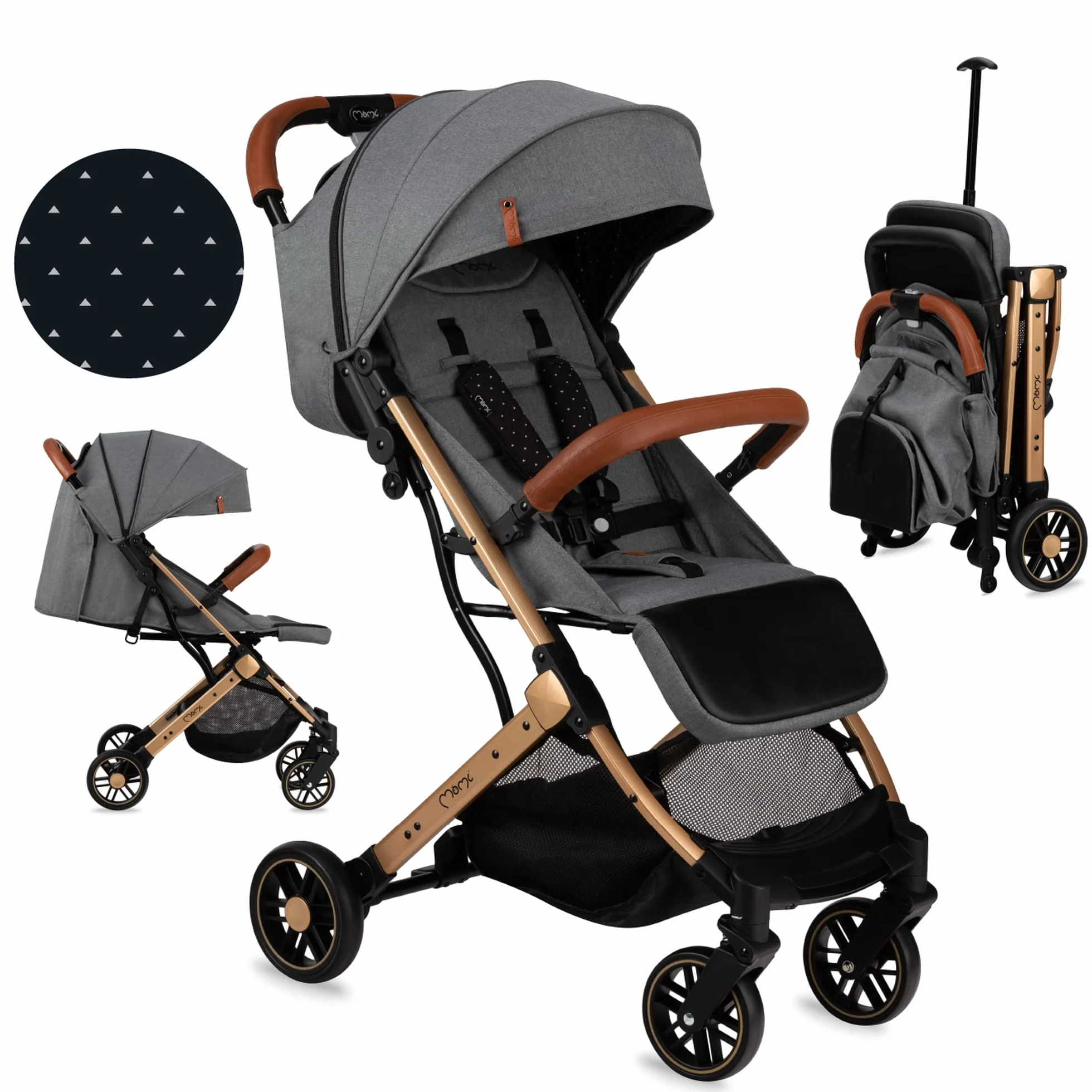 MOMI ESTELLE wózek dziecięcy dla dzieci od 6 miesięcy, do maks. wagi ciała 15 kg, składany do wymiarów 65 x 51 x 21 cm, waga 7,5 kg, 5-punktowy pas bezpieczeństwa, walizka, szaro-złoty