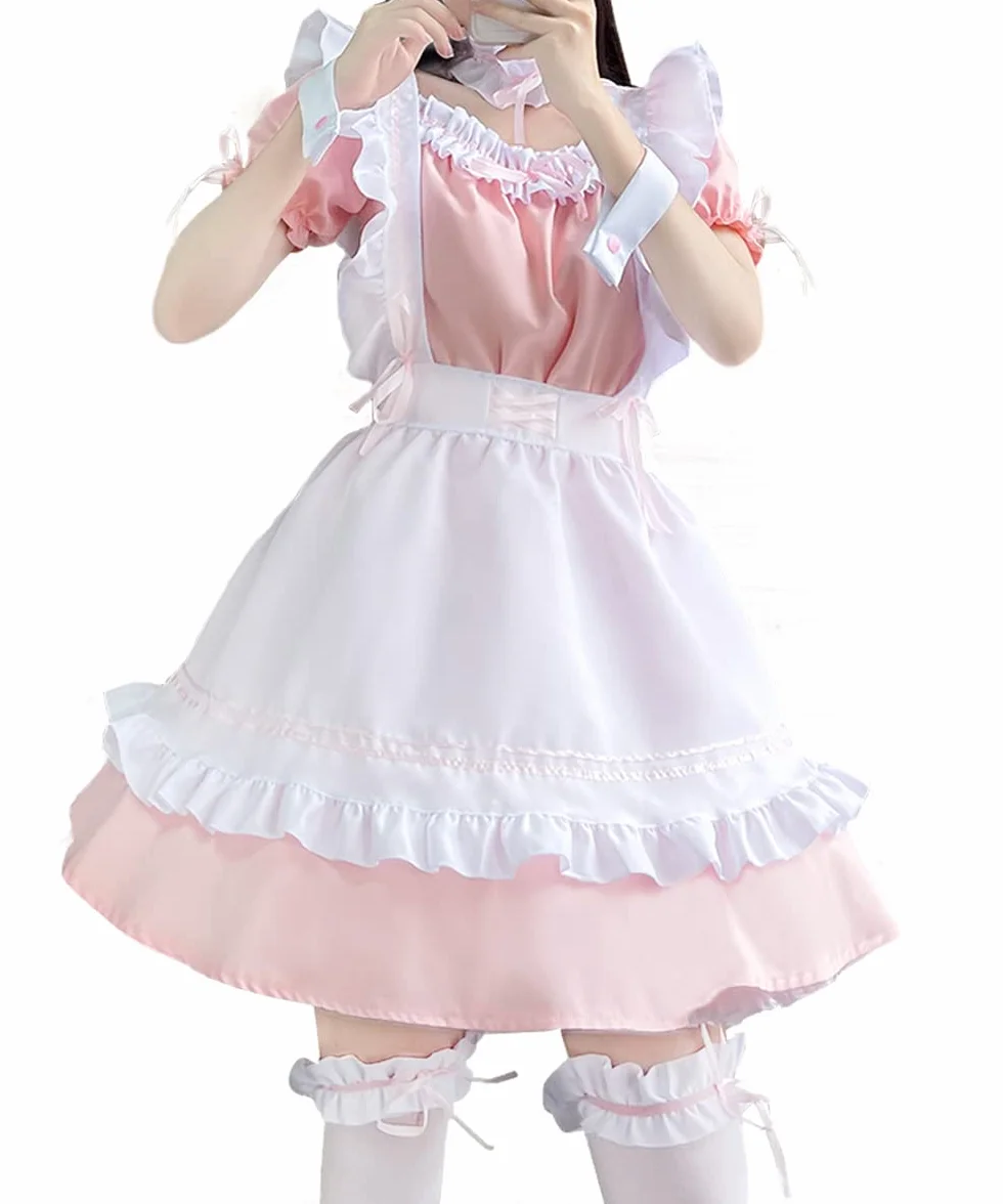 Anime French Maid Dress śliczna sukienka pokojówki Cosplay sukienka na Halloween, kostium pokojówki, zestaw, różowa, rozmiar L