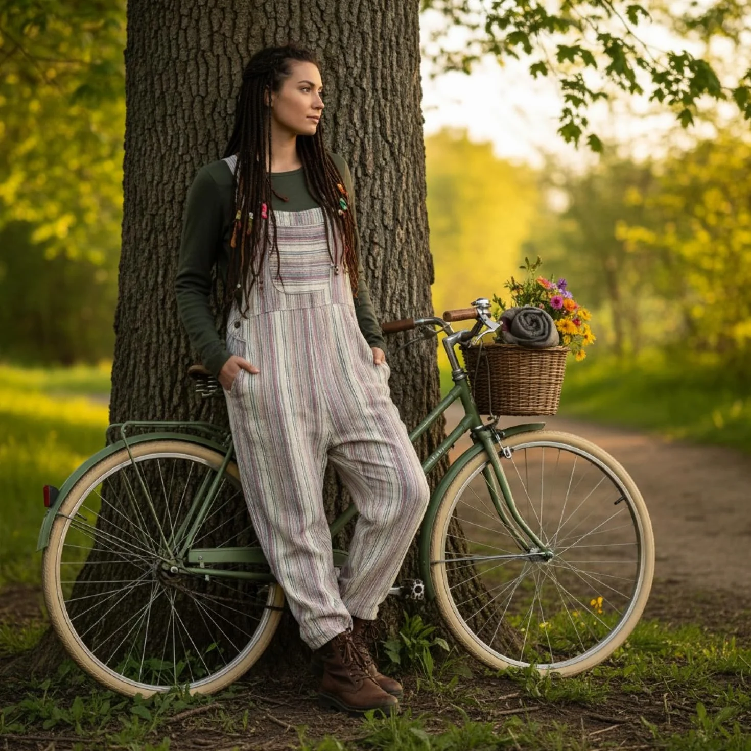 GURU SHOP Przewiewne ogrodniczki, w paski, styl etno oversize, jednoczęściowy, letni kombinezon, damskie bawełniane
