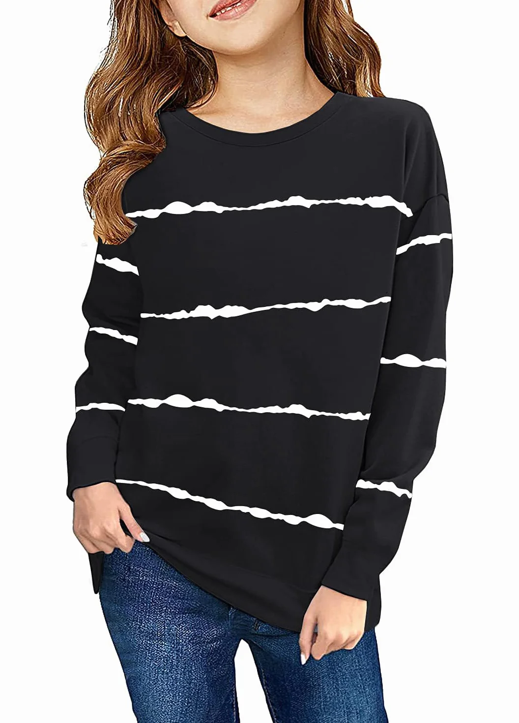 Haloumoning Bluza dziewczęca w paski, okrągły dekolt, sweter dziecięcy, casualowy, długi rękaw