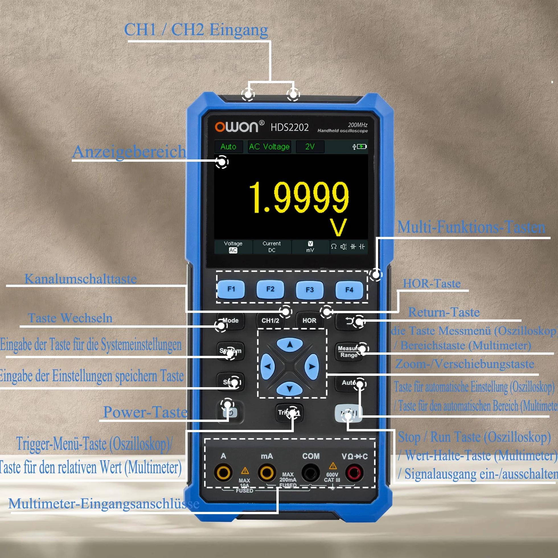 HDS2202 OWON oscyloskop 2 w 1, szerokość pasma 200 MHz, oscyloskop, dwa kanały 1 GSa/s częstotliwość próbkowania z 3,5 cala LCD funkcją automatycznej kalibracji