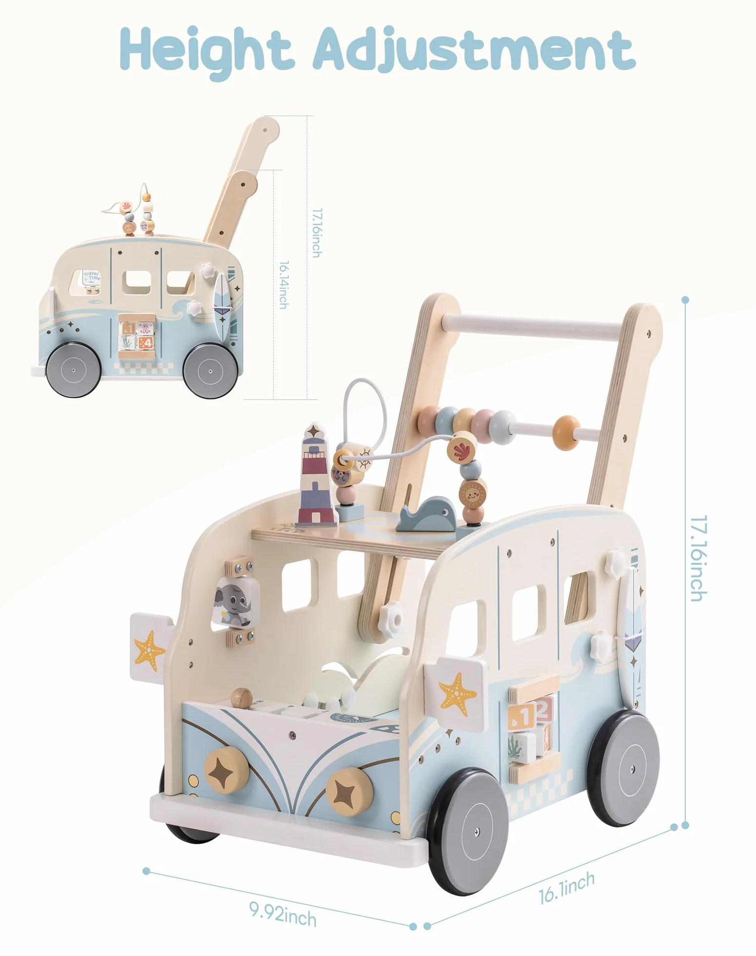 ROBOTIME Drewniany wózek do nauki chodzenia dla niemowląt, pomoc w nauce chodzenia po drewnie, centrum aktywności Montessori, pomoc w nauce chodzenia dla niemowląt i małych dzieci (10 miesięcy - 1-2